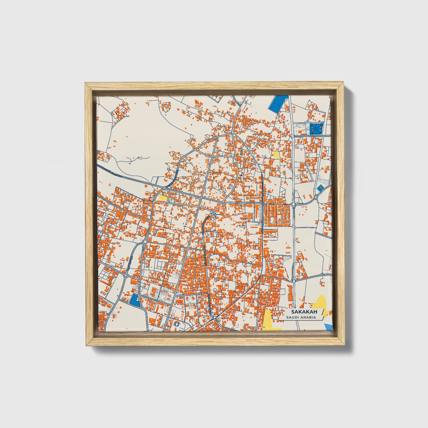 Sakakah Saudi Arabia Colorful City Map Canvas Print • Natural Wooden Framed