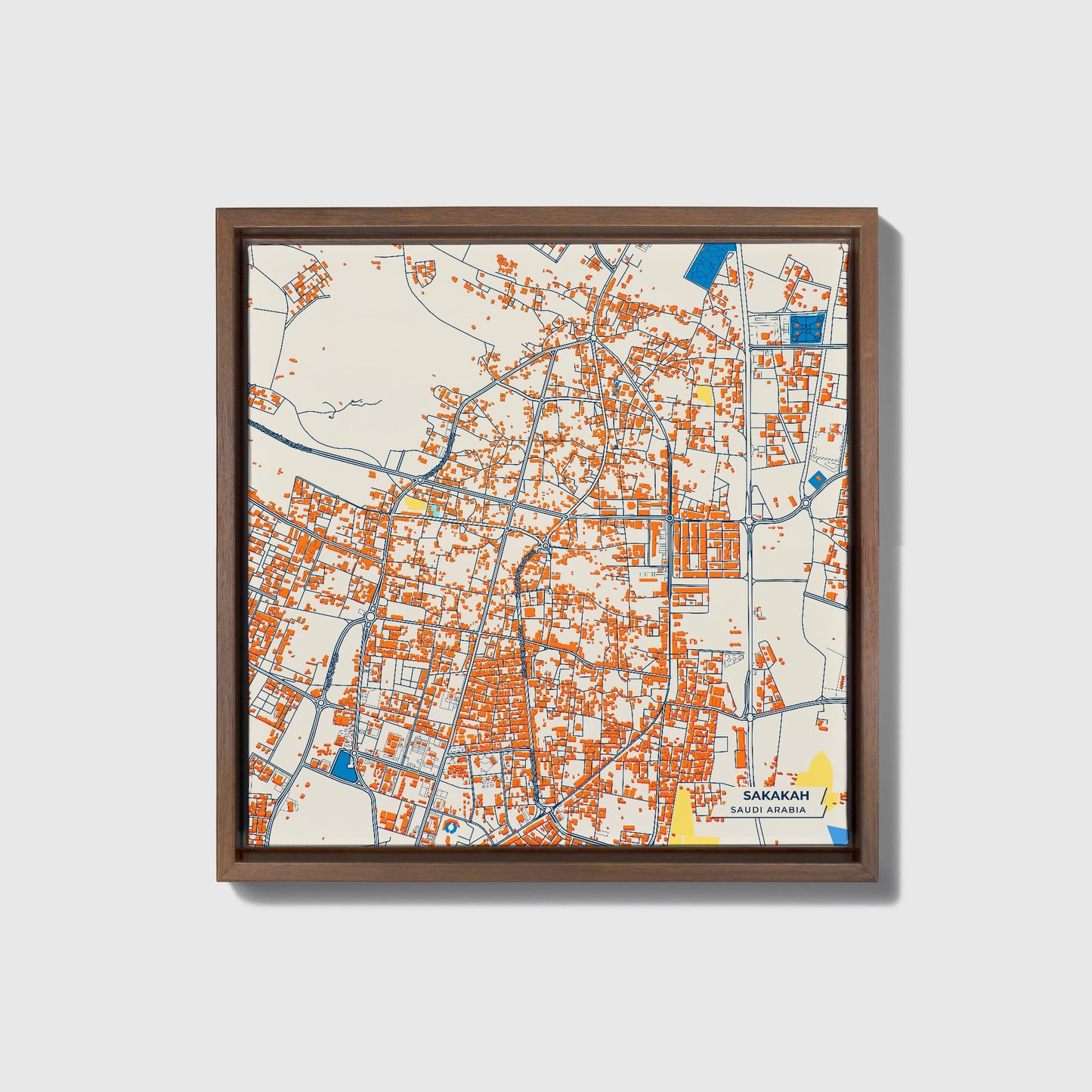 Sakakah Saudi Arabia Colorful City Map Canvas Print • Dark Wooden Framed