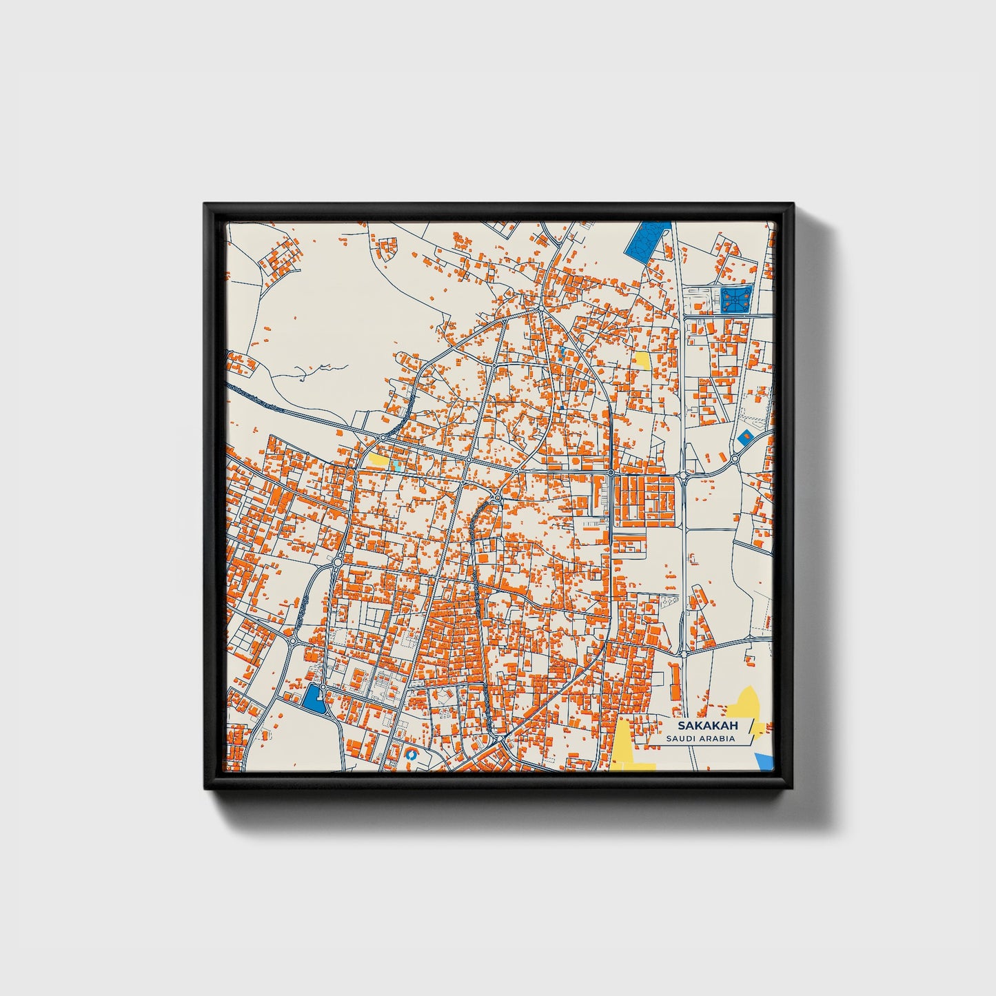 Sakakah Saudi Arabia Colorful City Map Canvas Print • Black Framed