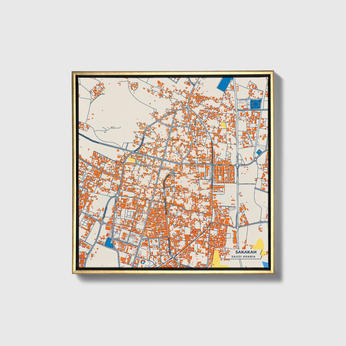 Sakakah Saudi Arabia Colorful City Map Canvas Print • Gold Framed