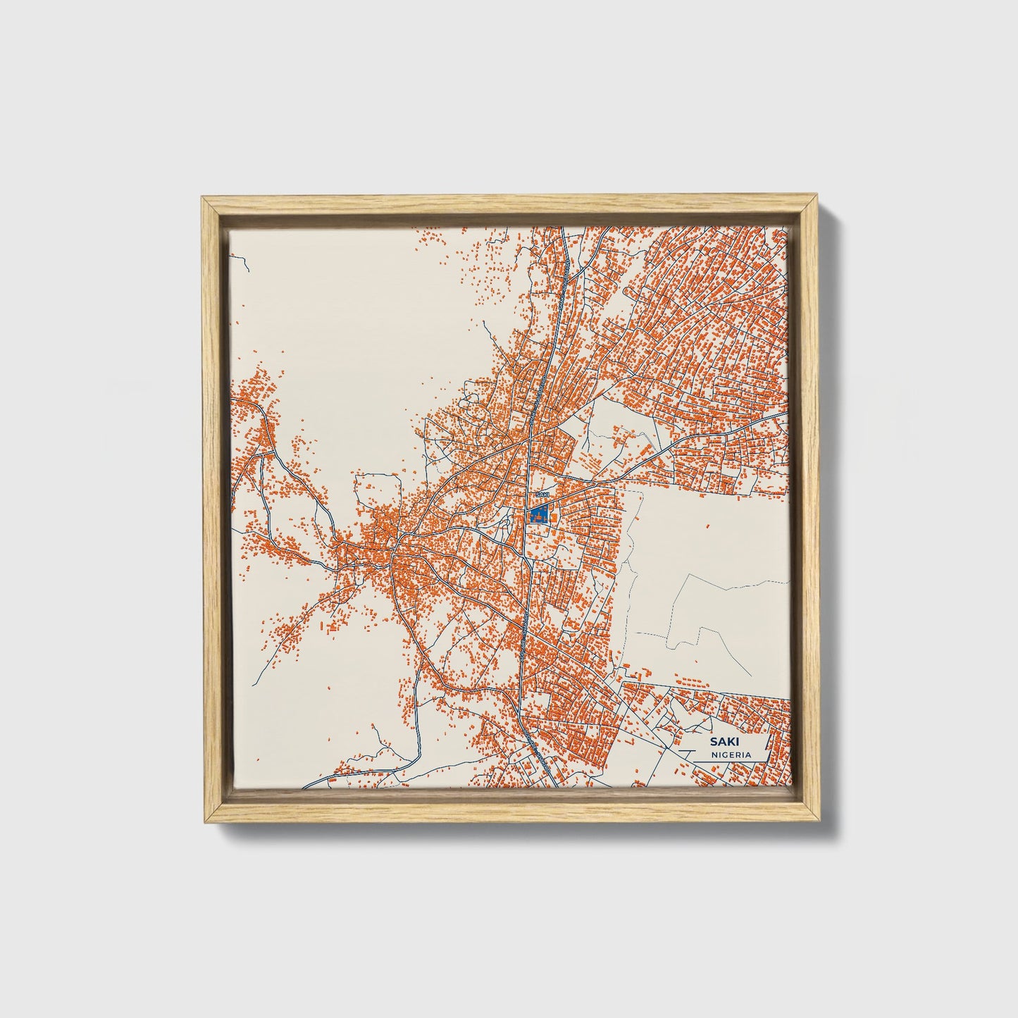 Saki Nigeria Colorful City Map Canvas Print • Natural Wooden Framed