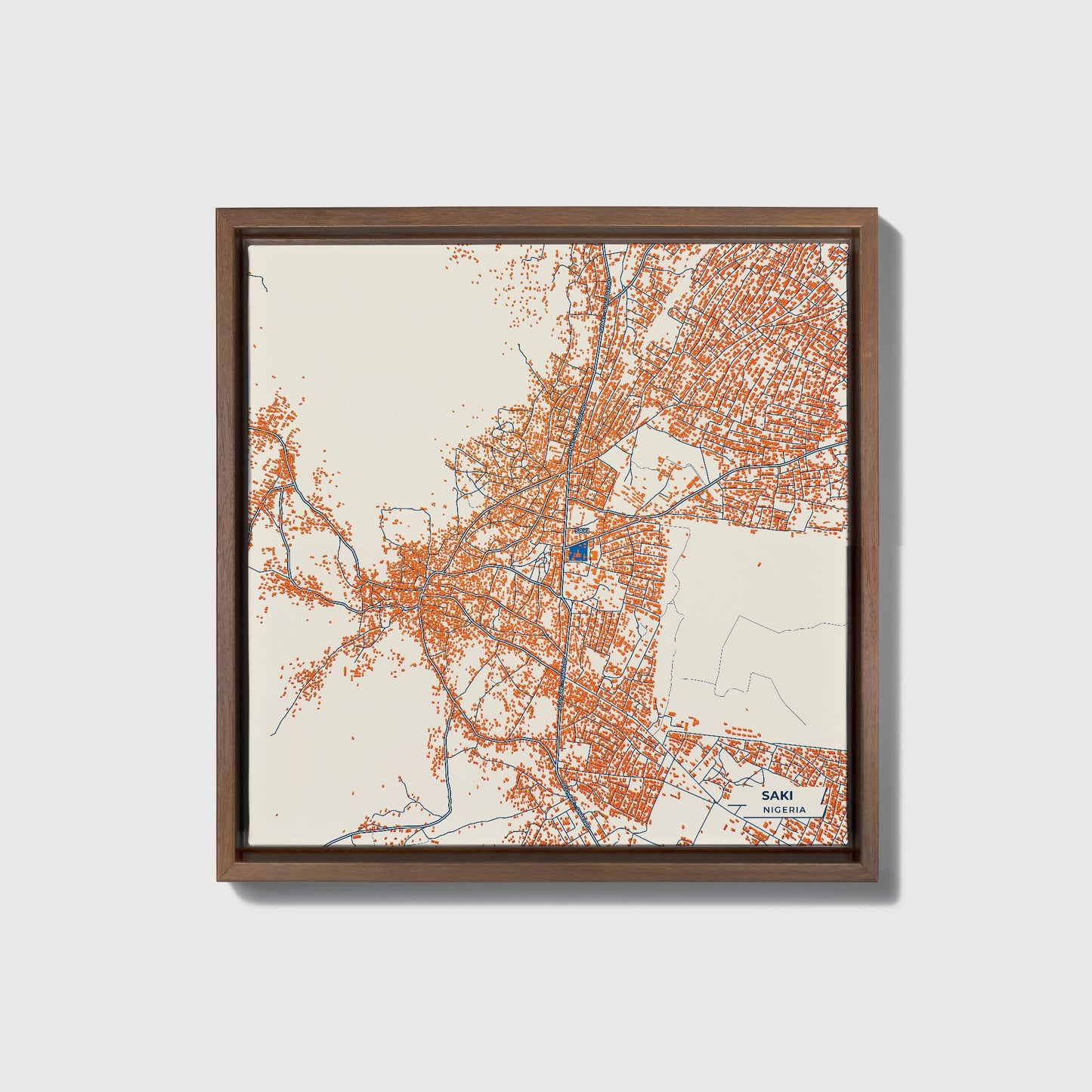 Saki Nigeria Colorful City Map Canvas Print • Dark Wooden Framed