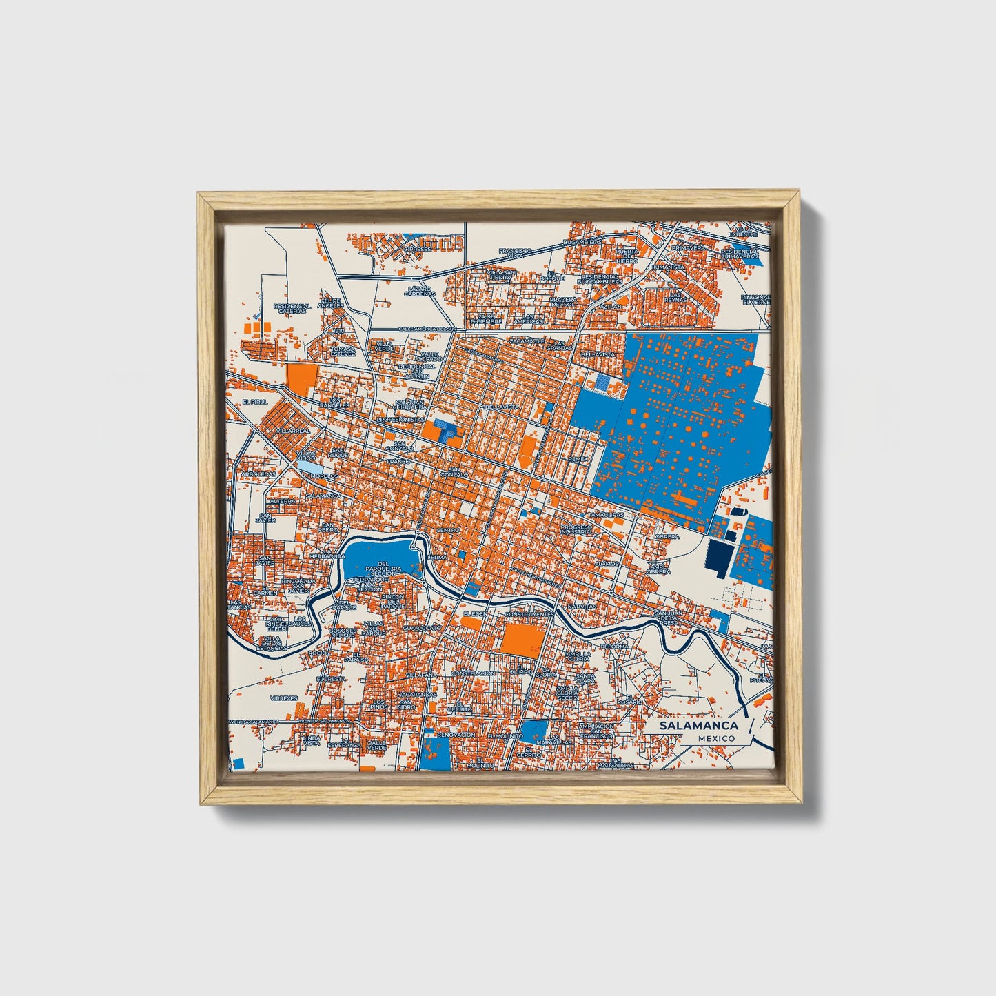 Salamanca Mexico Colorful City Map Canvas Print • Natural Wooden Framed