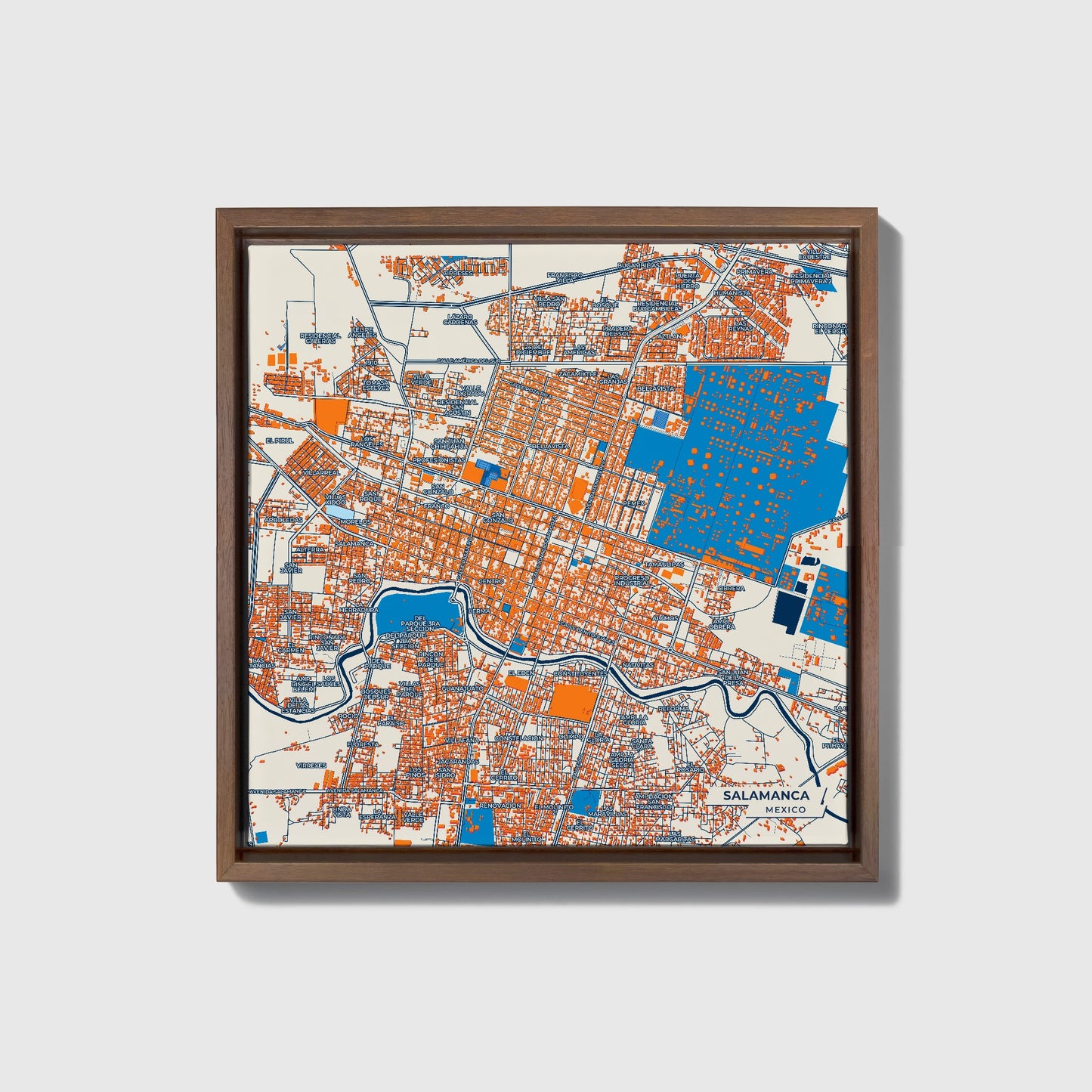 Salamanca Mexico Colorful City Map Canvas Print • Dark Wooden Framed