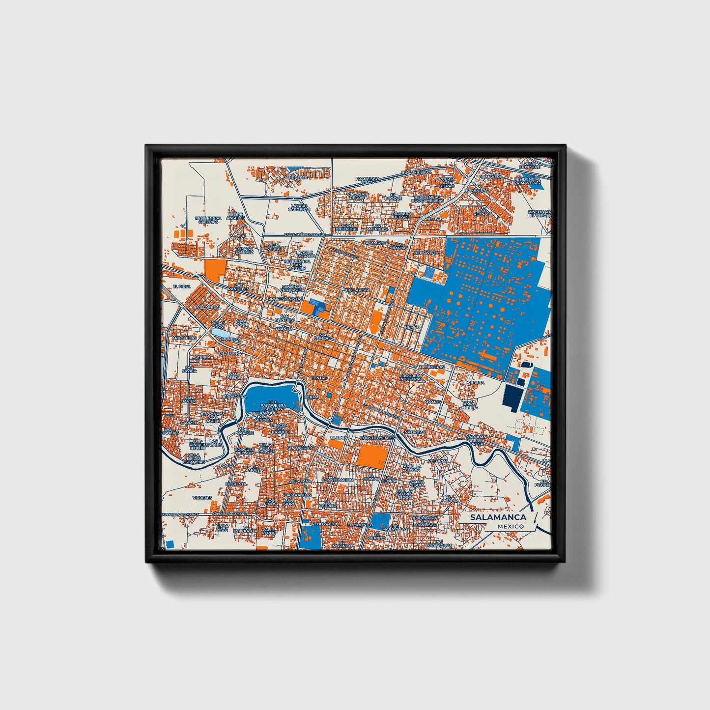 Salamanca Mexico Colorful City Map Canvas Print • Black Framed