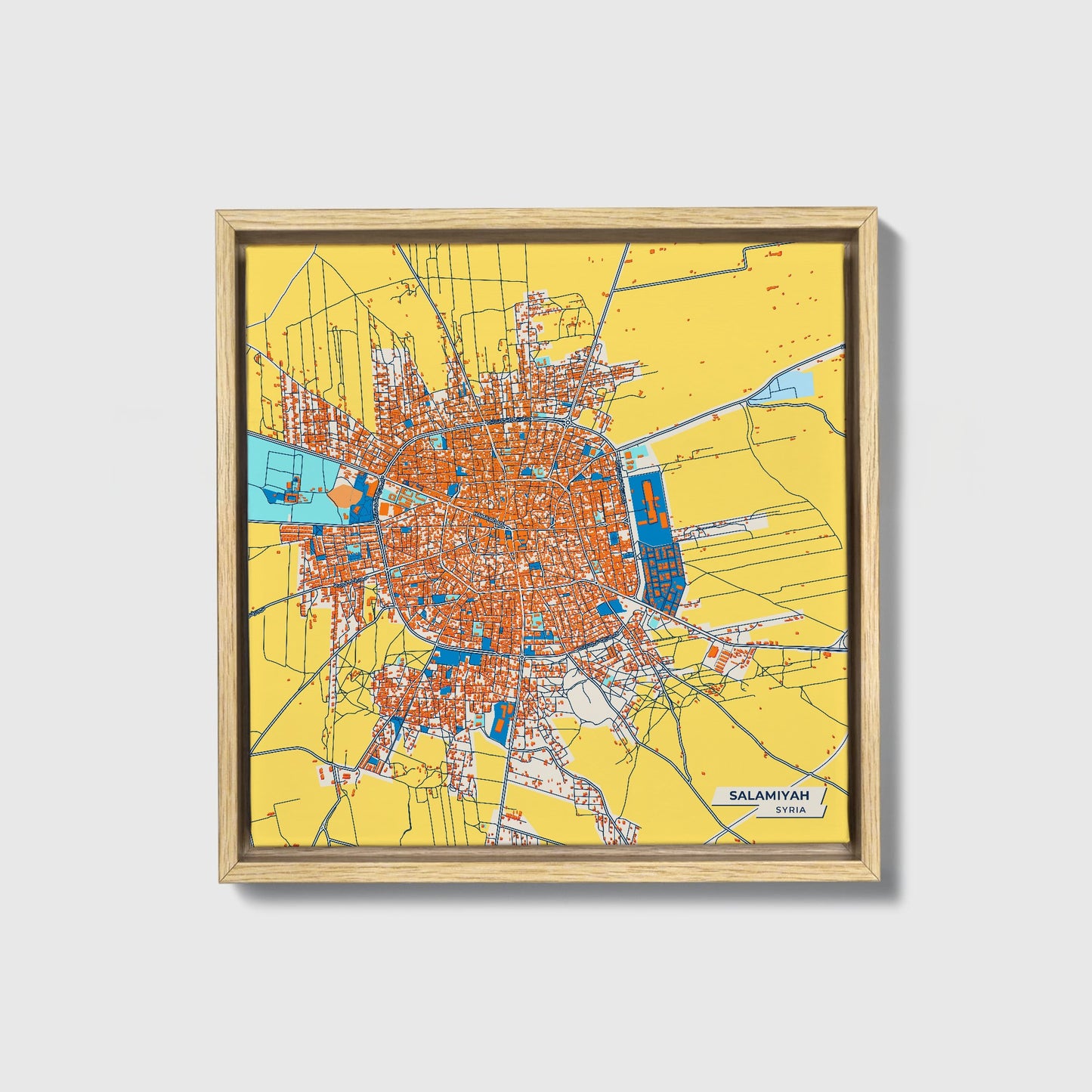 Salamiyah Syria Colorful City Map Canvas Print • Natural Wooden Framed