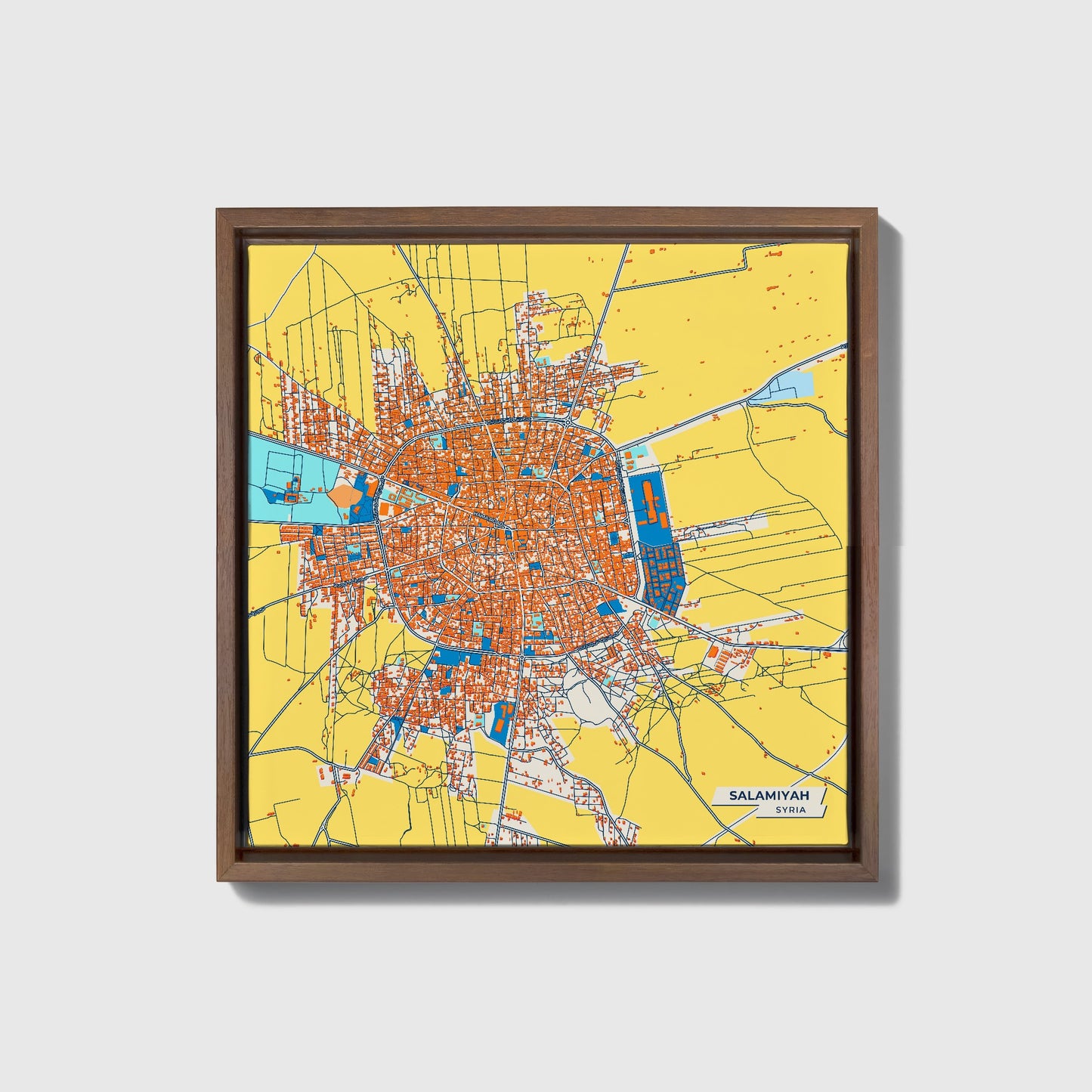 Salamiyah Syria Colorful City Map Canvas Print • Dark Wooden Framed