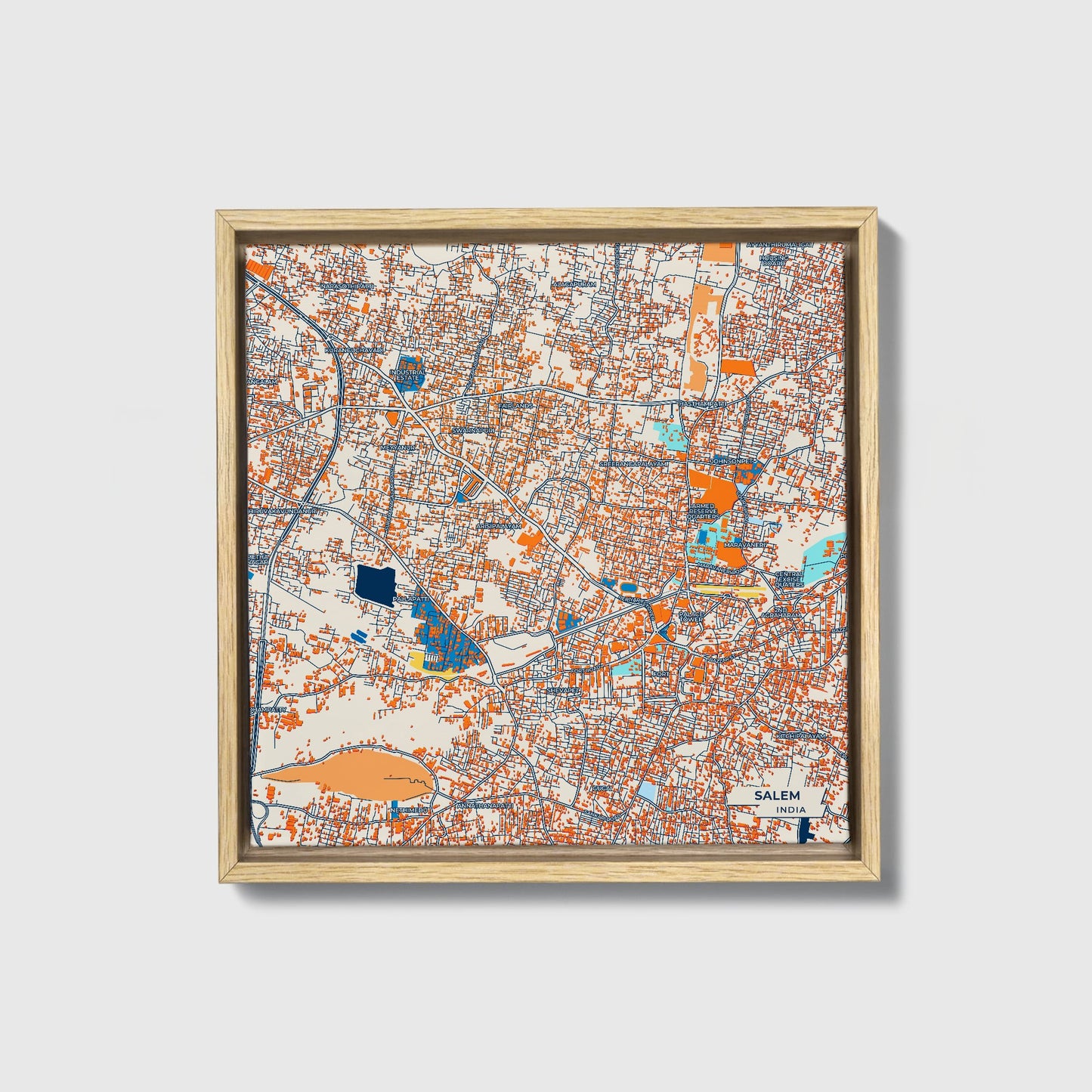 Salem India Colorful City Map Canvas Print • Natural Wooden Framed