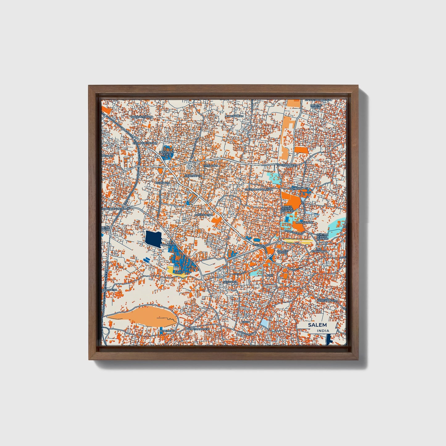 Salem India Colorful City Map Canvas Print • Dark Wooden Framed