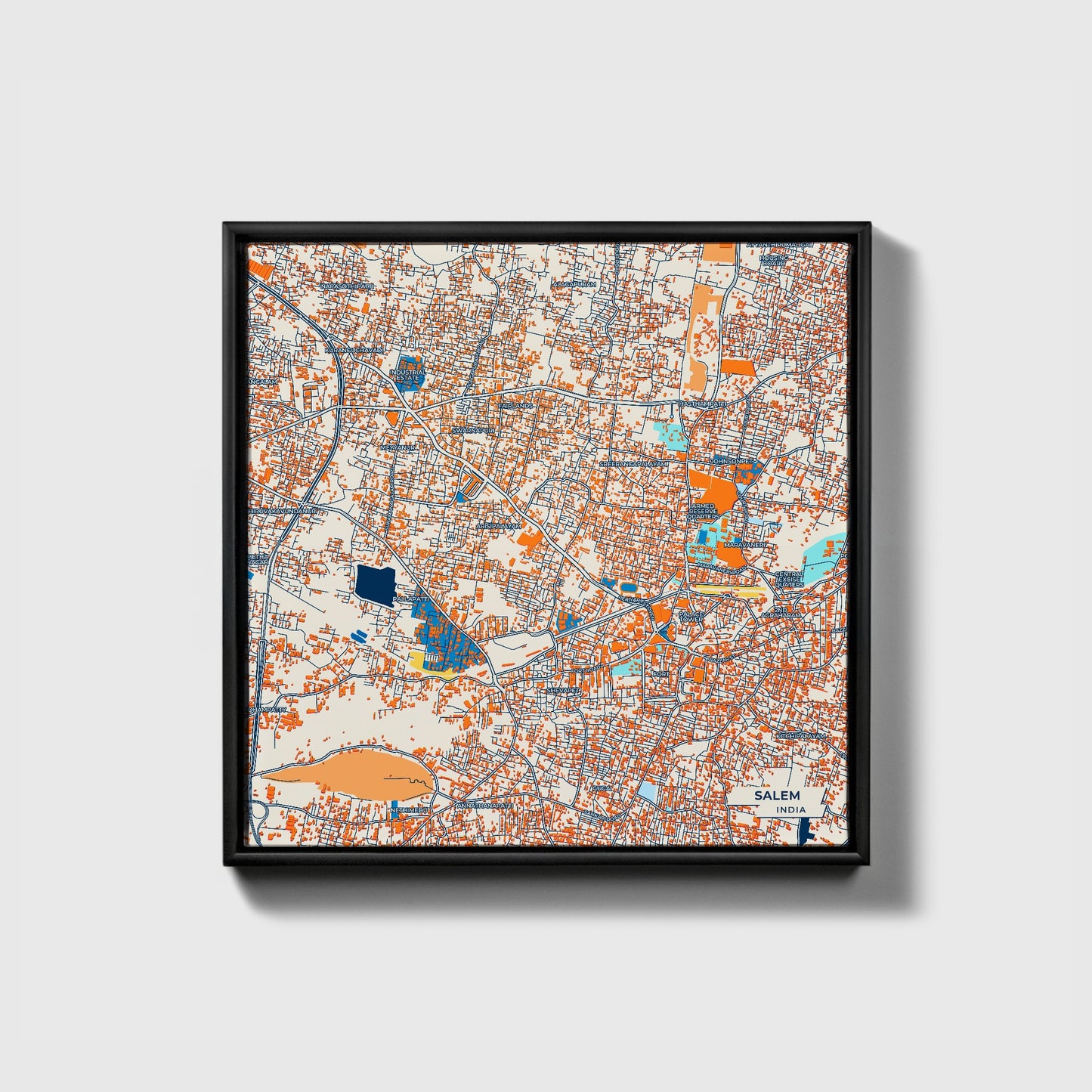 Salem India Colorful City Map Canvas Print • Black Framed