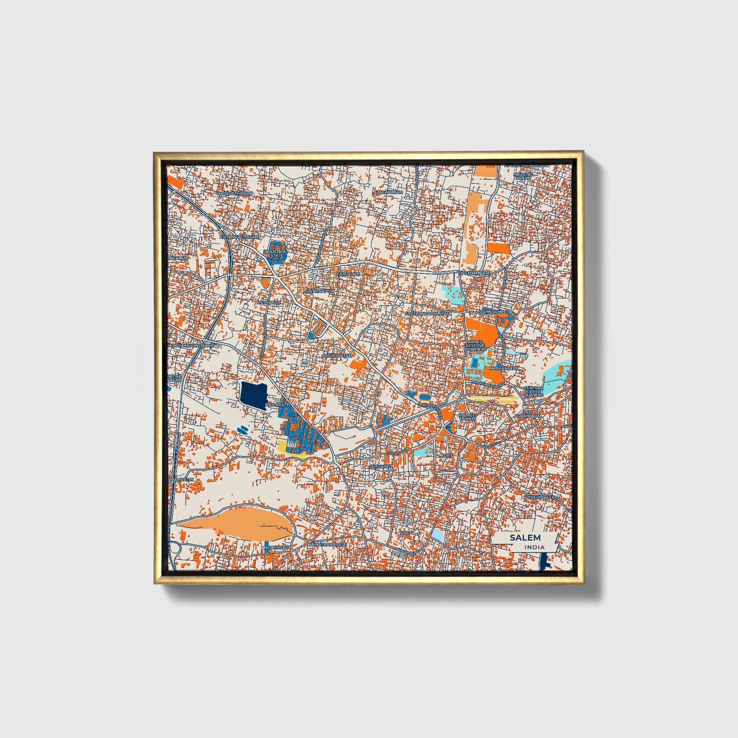 Salem India Colorful City Map Canvas Print • Gold Framed