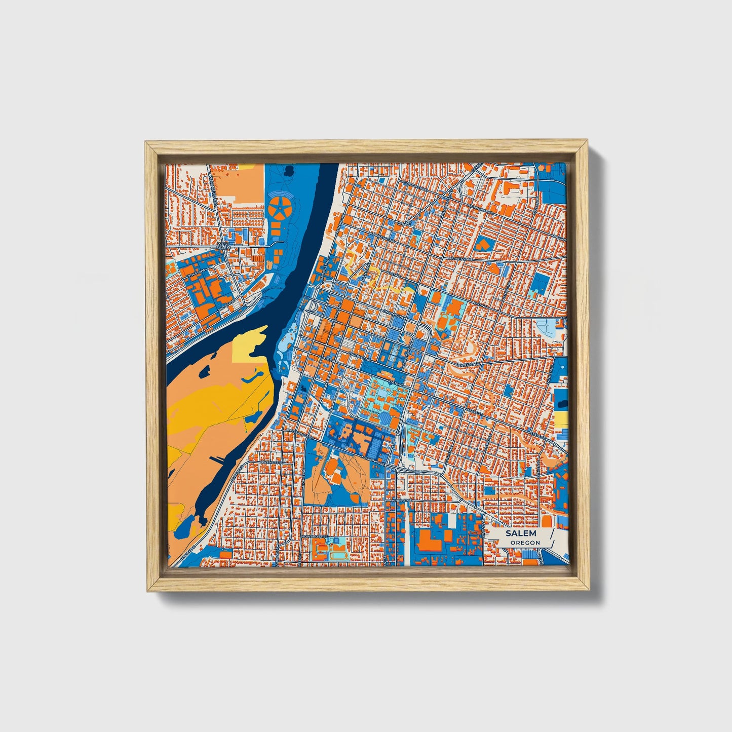 Salem Oregon Colorful City Map Canvas Print • Natural Wooden Framed