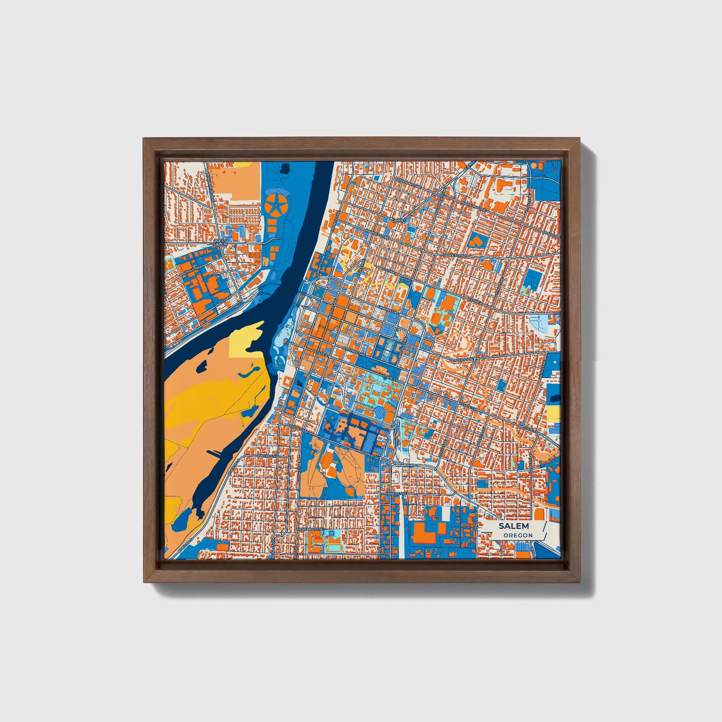 Salem Oregon Colorful City Map Canvas Print • Dark Wooden Framed