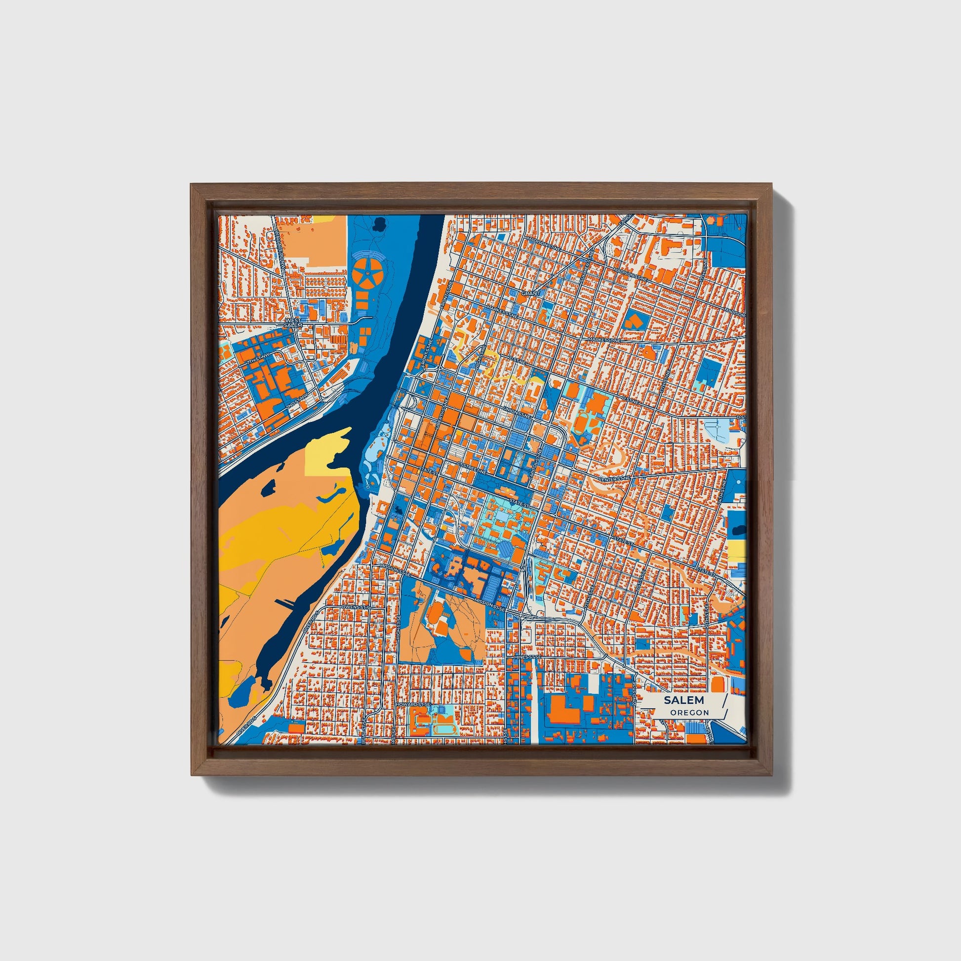 Salem Oregon Colorful City Map Canvas Print • Dark Wooden Framed