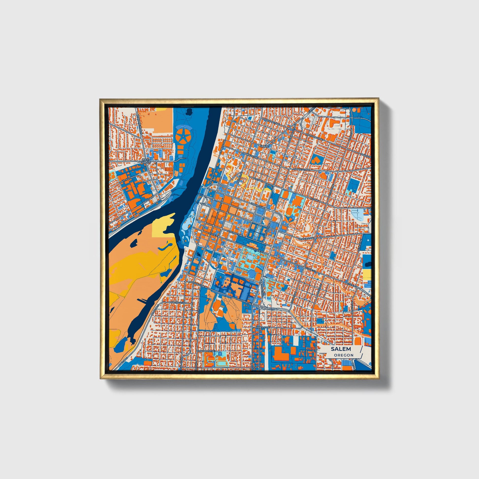 Salem Oregon Colorful City Map Canvas Print • Gold Framed