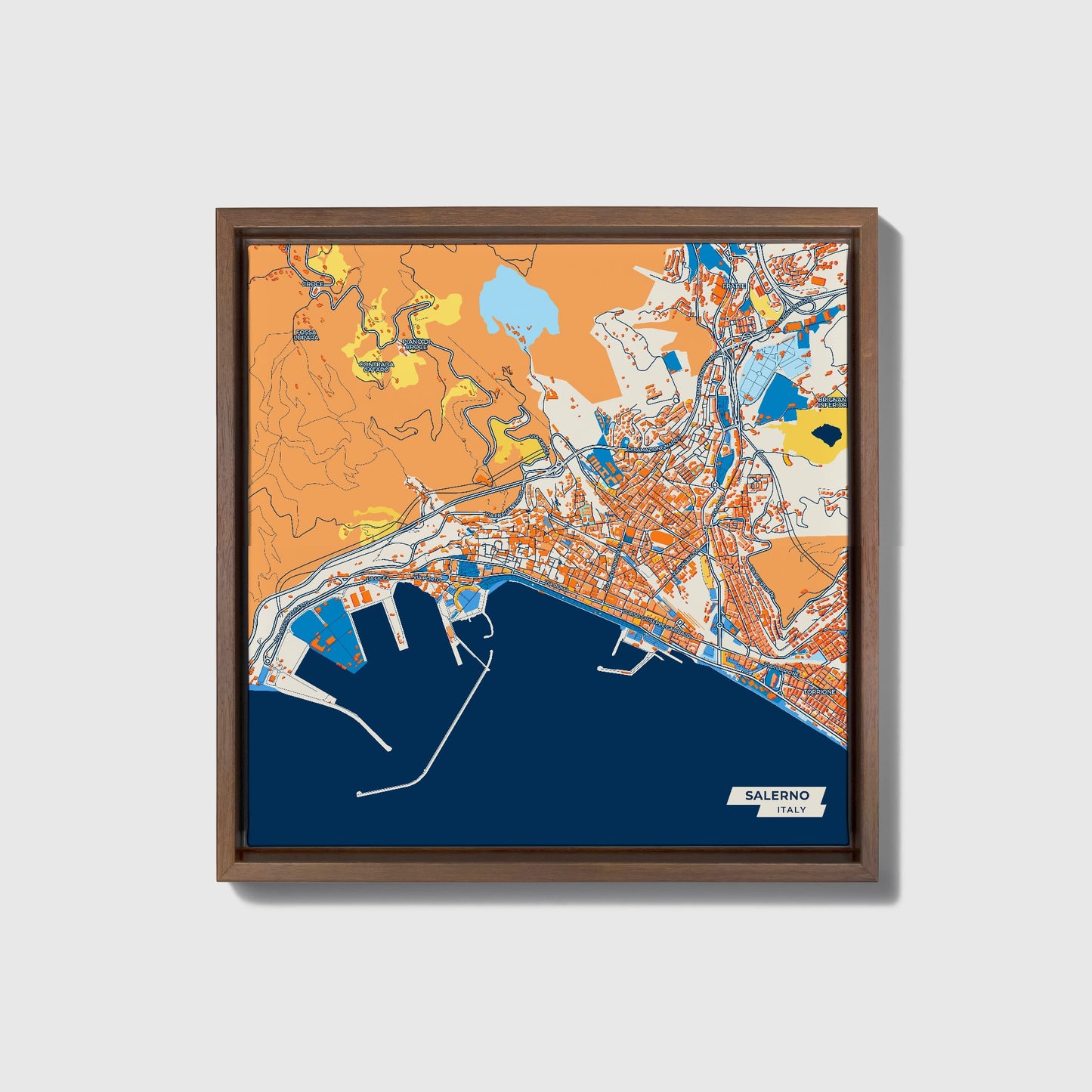 Salerno Italy Colorful City Map Canvas Print • Dark Wooden Framed