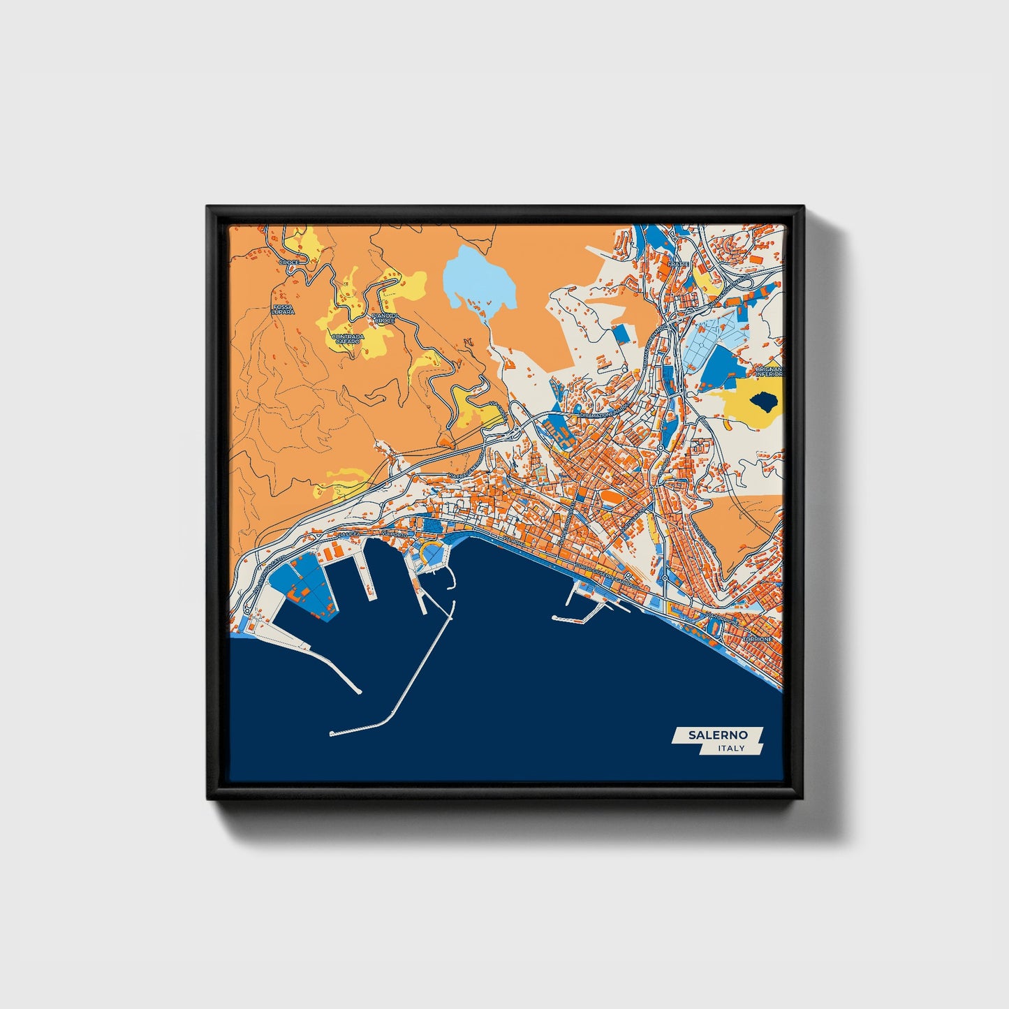 Salerno Italy Colorful City Map Canvas Print • Black Framed