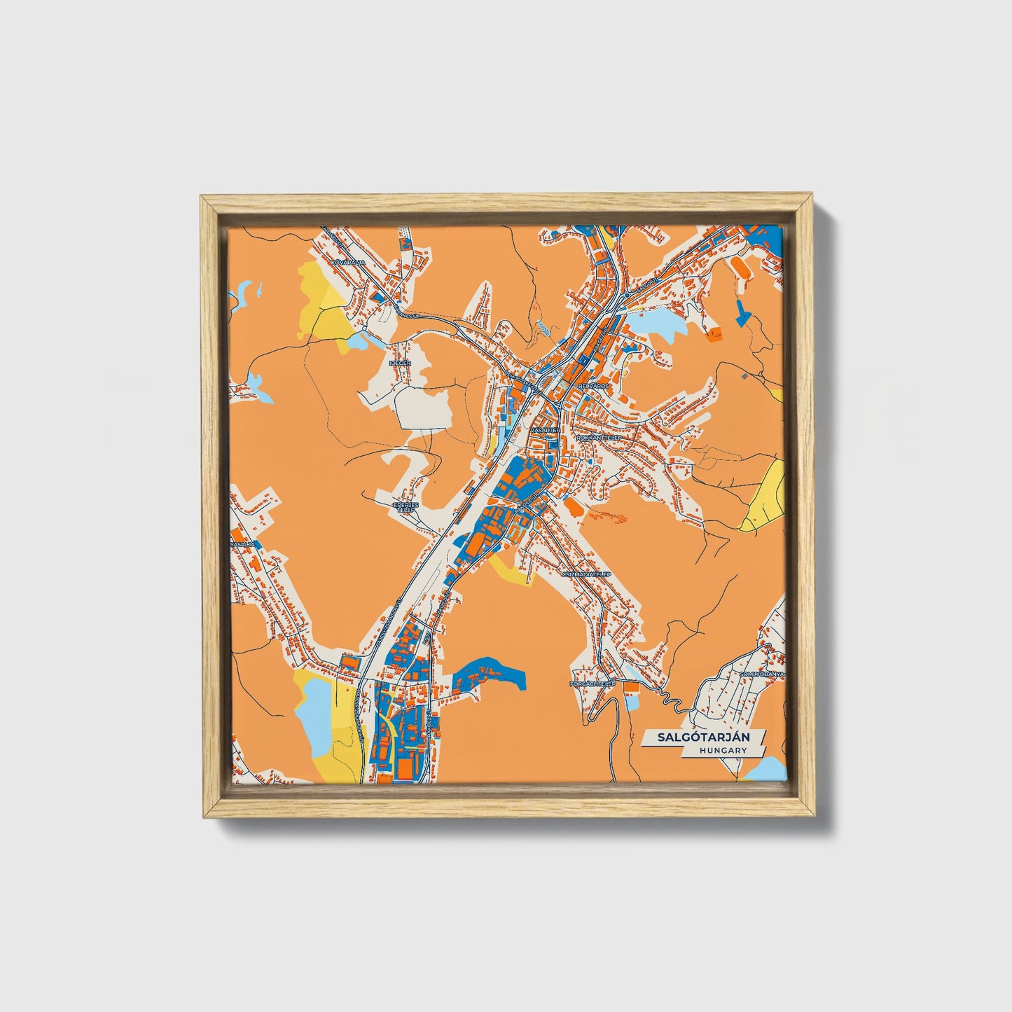 Salgótarján Hungary Colorful City Map Canvas Print • Natural Wooden Framed