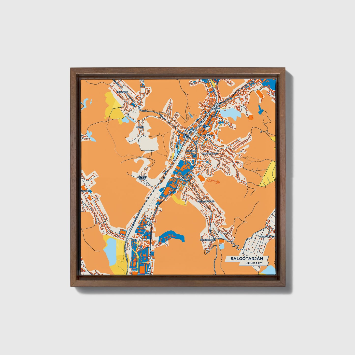 Salgótarján Hungary Colorful City Map Canvas Print • Dark Wooden Framed