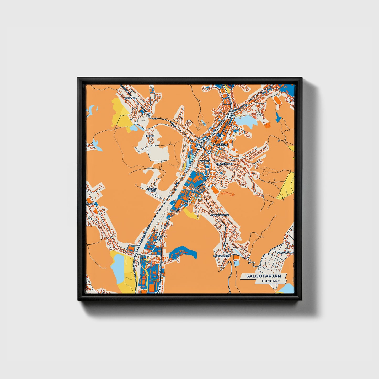 Salgótarján Hungary Colorful City Map Canvas Print • Black Framed