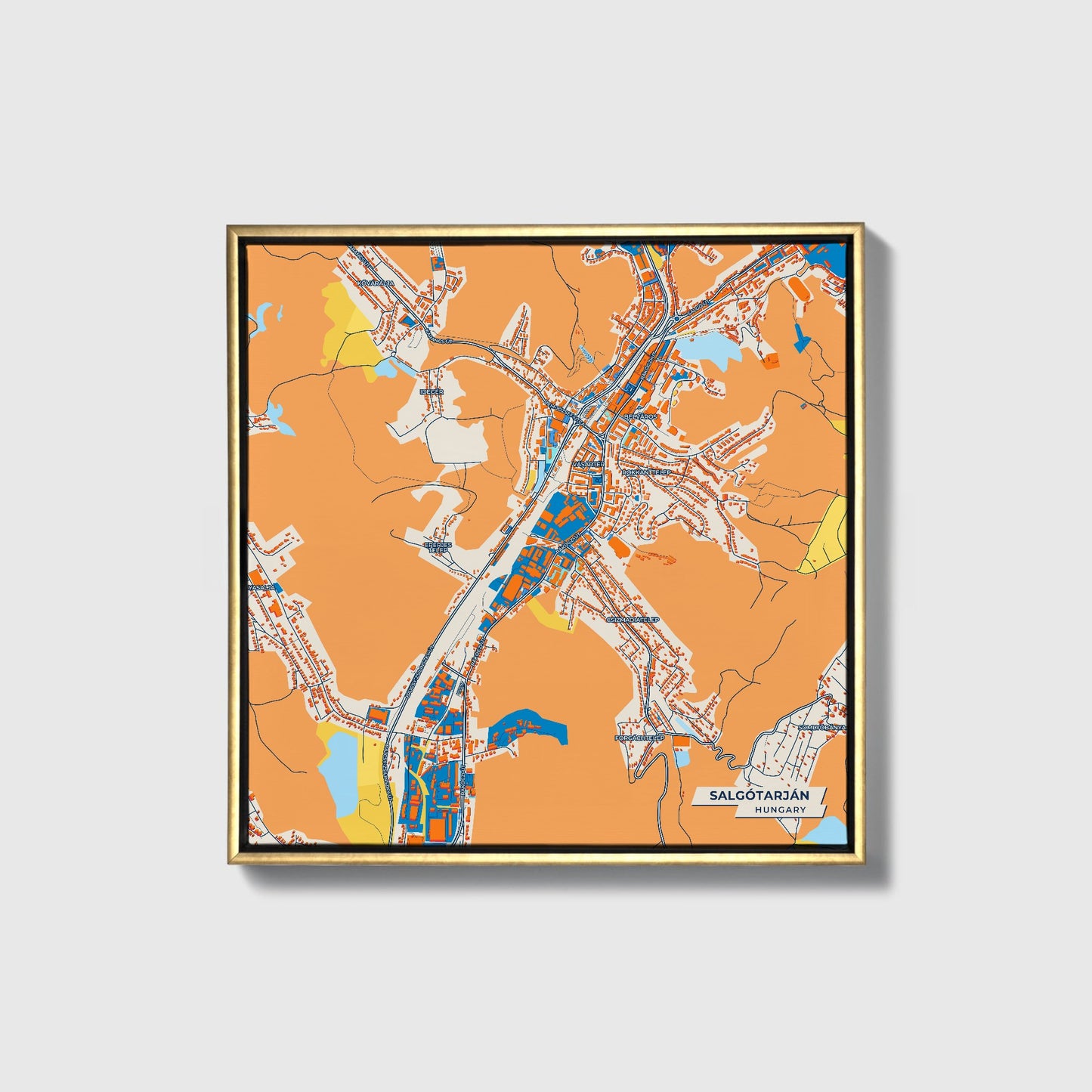 Salgótarján Hungary Colorful City Map Canvas Print • Gold Framed