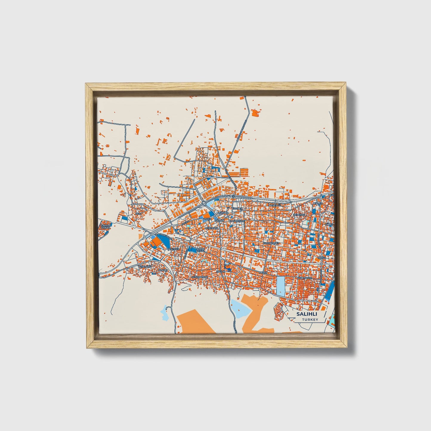 Sali̇hli̇ Turkey Colorful City Map Canvas Print • Natural Wooden Framed