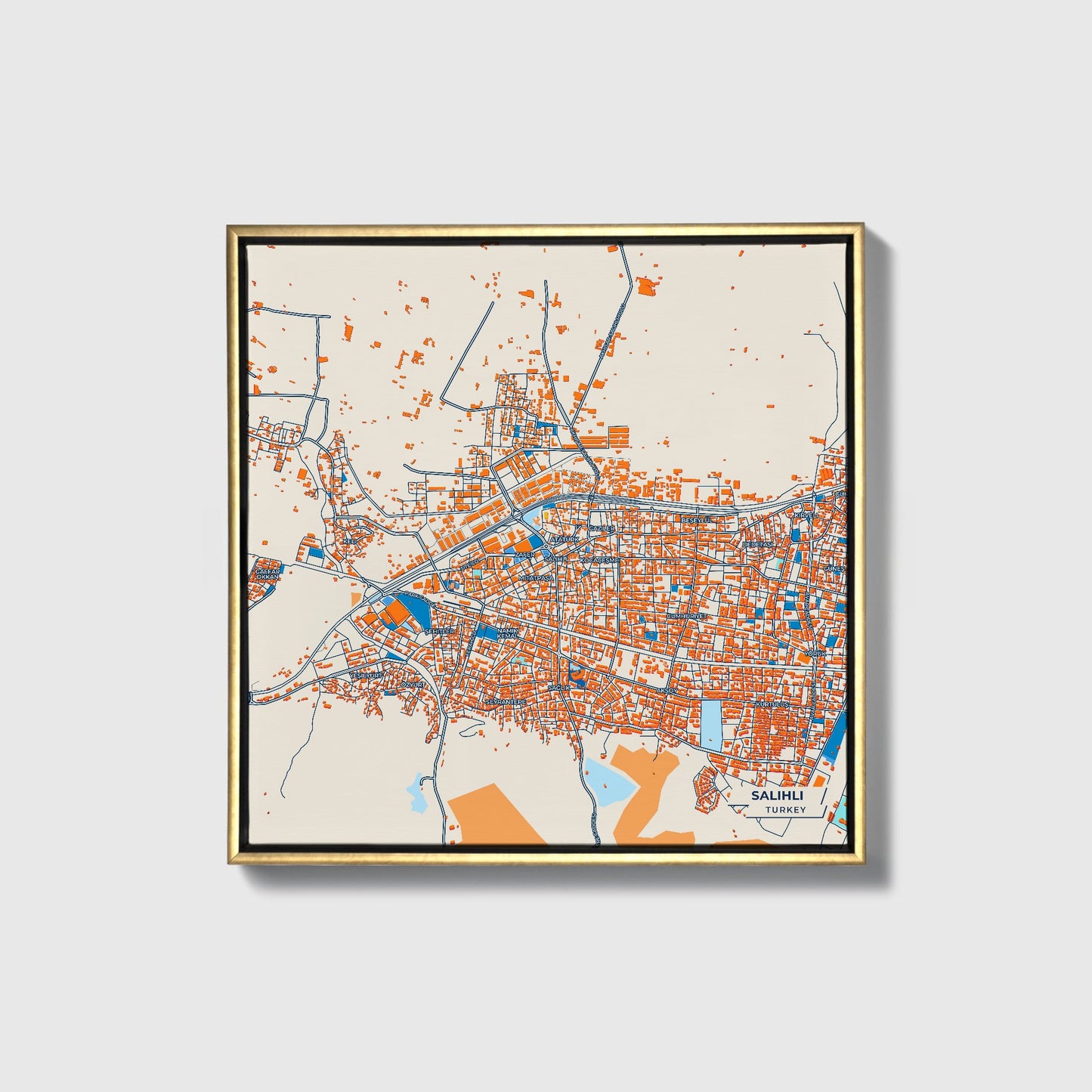 Sali̇hli̇ Turkey Colorful City Map Canvas Print • Gold Framed