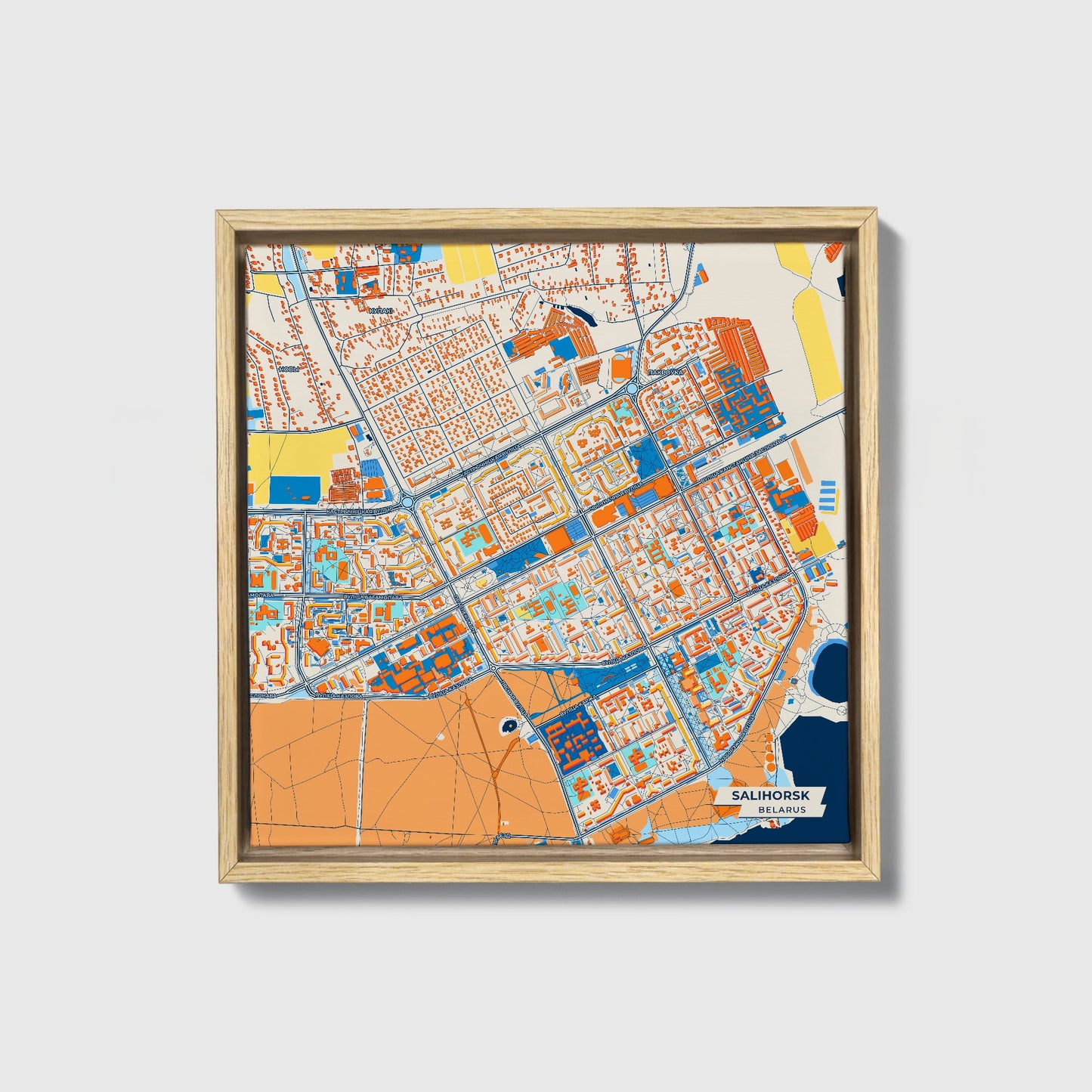 Салігорск Belarus Colorful City Map Canvas Print • Natural Wooden Framed