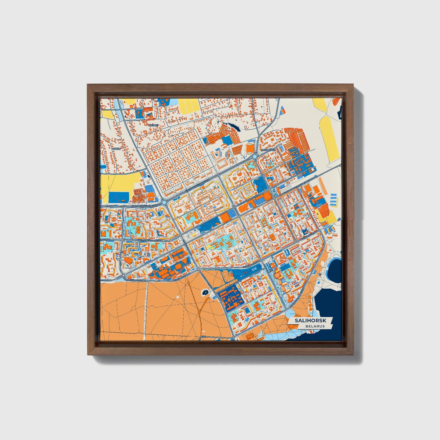 Салігорск Belarus Colorful City Map Canvas Print • Dark Wooden Framed