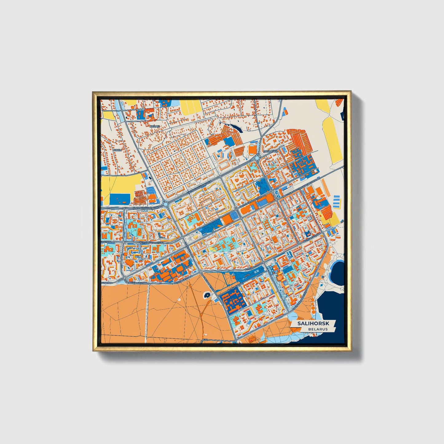 Салігорск Belarus Colorful City Map Canvas Print • Gold Framed