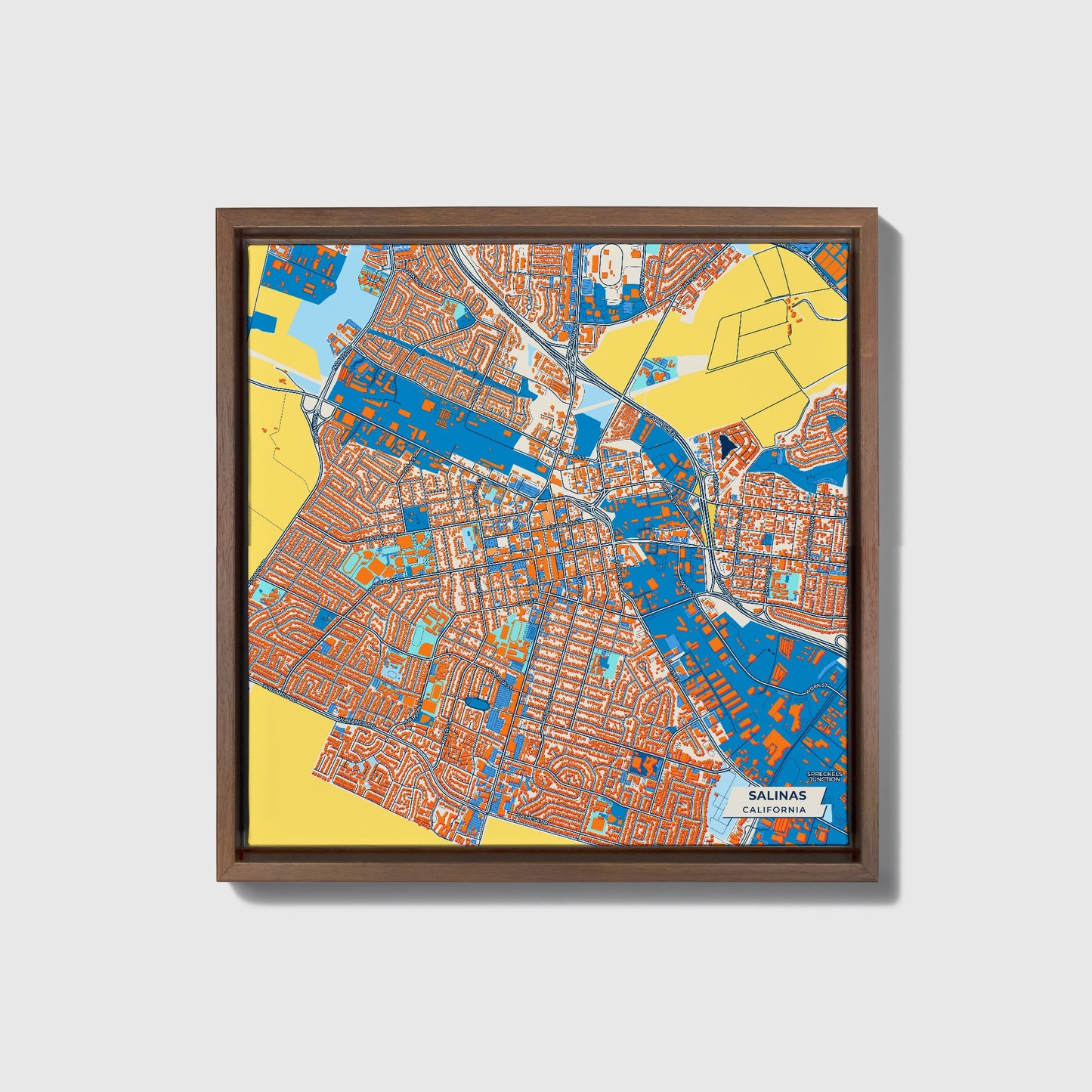 Salinas California Colorful City Map Canvas Print • Dark Wooden Framed