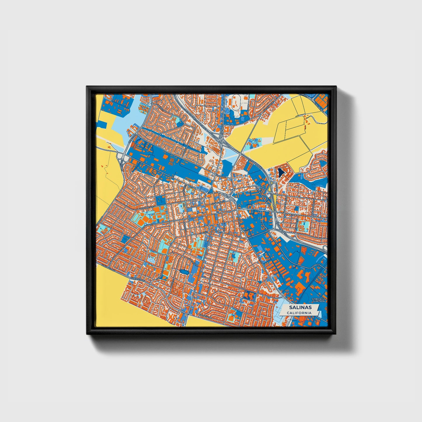 Salinas California Colorful City Map Canvas Print • Black Framed