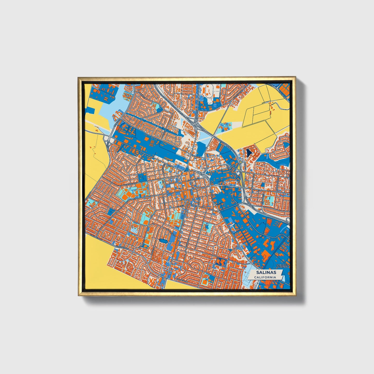 Salinas California Colorful City Map Canvas Print • Gold Framed
