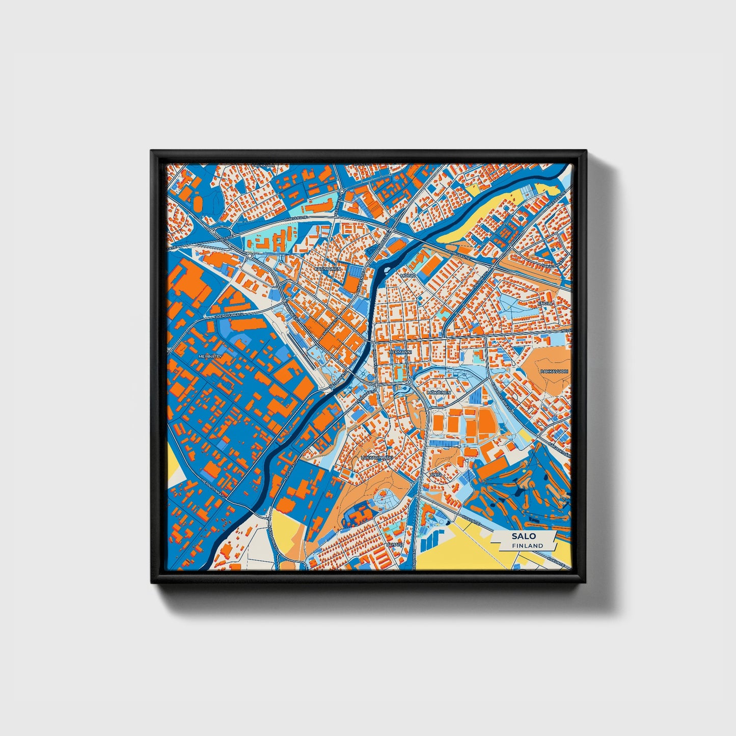 Salo Finland Colorful City Map Canvas Print • Black Framed