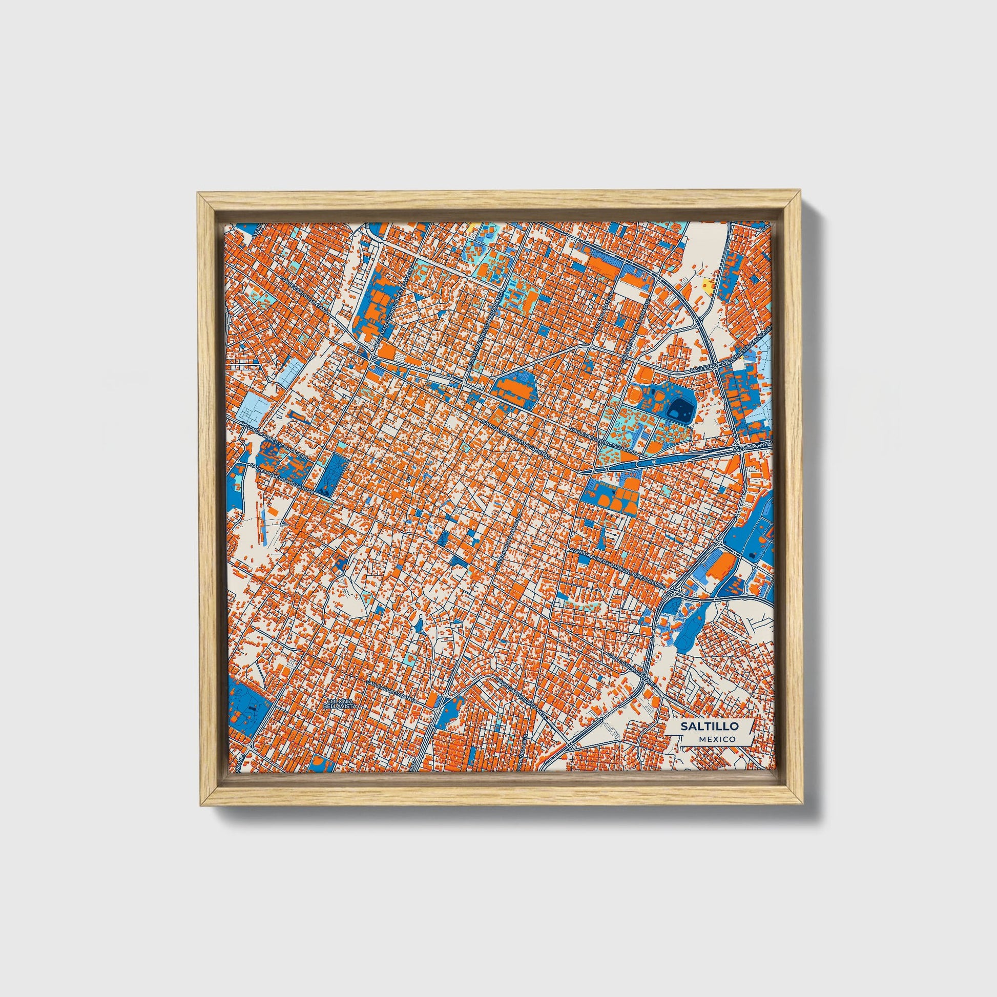 Saltillo Mexico Colorful City Map Canvas Print • Natural Wooden Framed