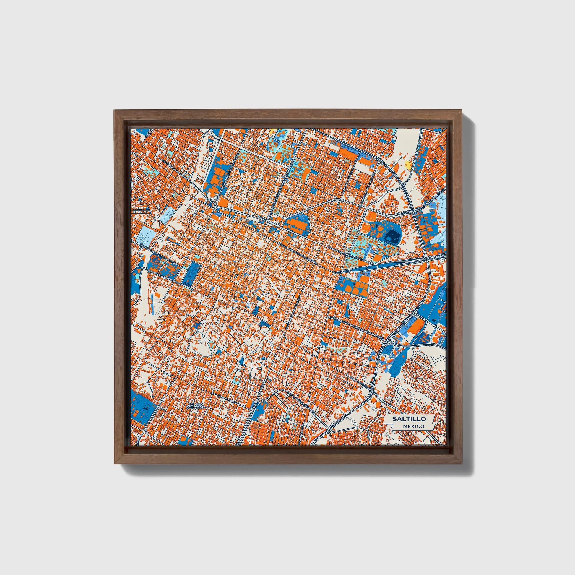 Saltillo Mexico Colorful City Map Canvas Print • Dark Wooden Framed