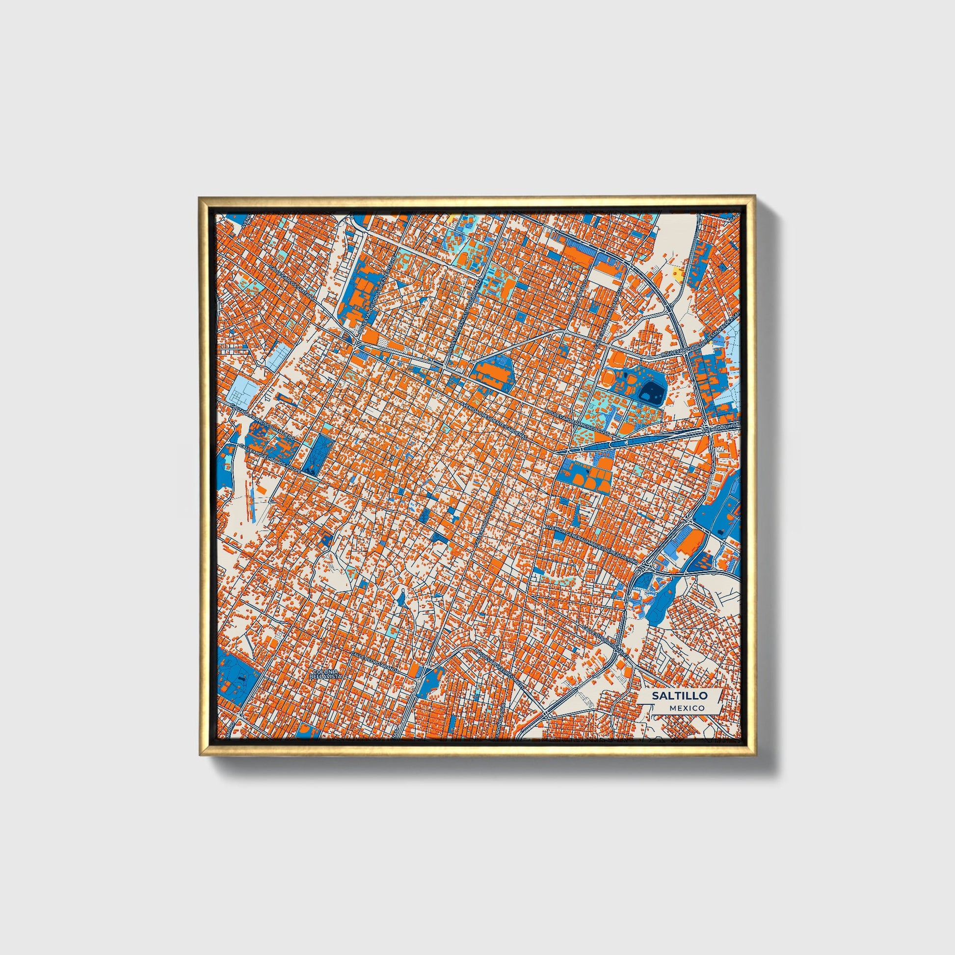 Saltillo Mexico Colorful City Map Canvas Print • Gold Framed