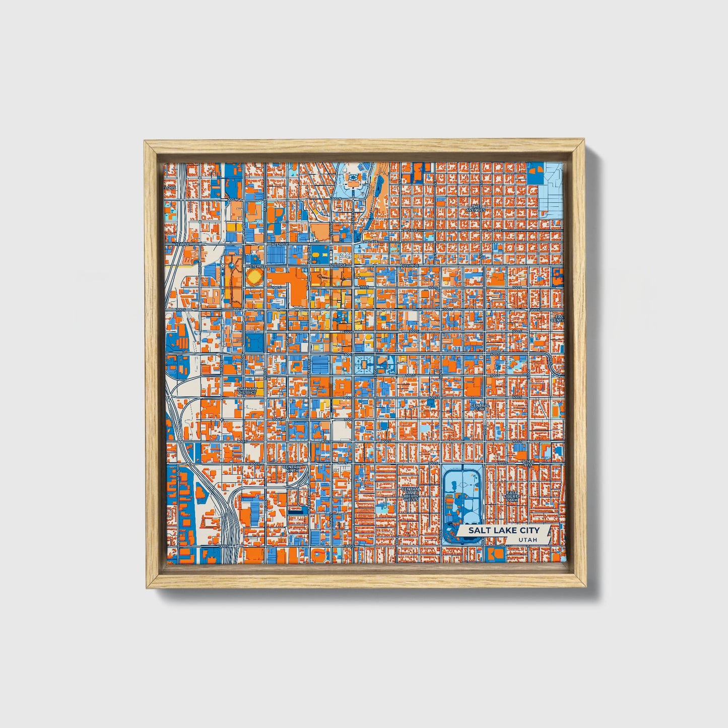Salt Lake City Utah Colorful City Map Canvas Print • Natural Wooden Framed