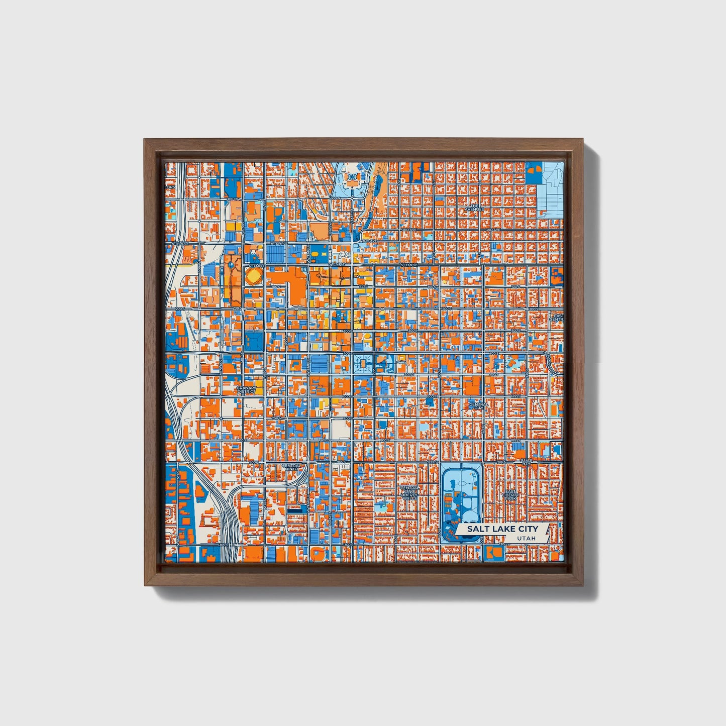 Salt Lake City Utah Colorful City Map Canvas Print • Dark Wooden Framed