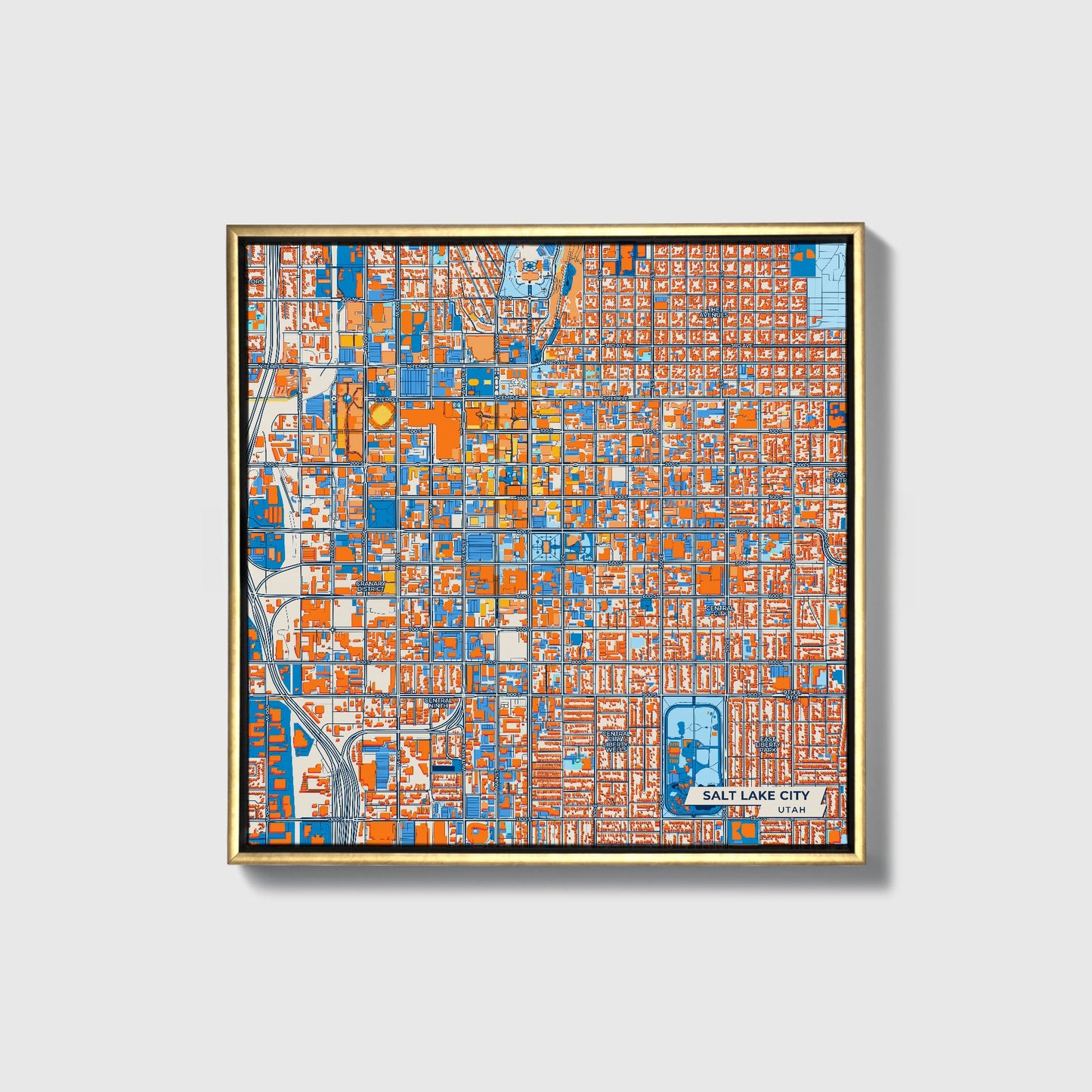 Salt Lake City Utah Colorful City Map Canvas Print • Gold Framed