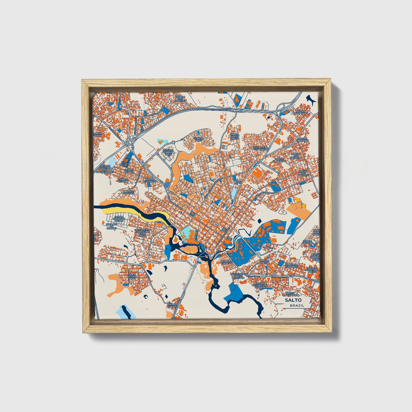 Salto Brazil Colorful City Map Canvas Print • Natural Wooden Framed