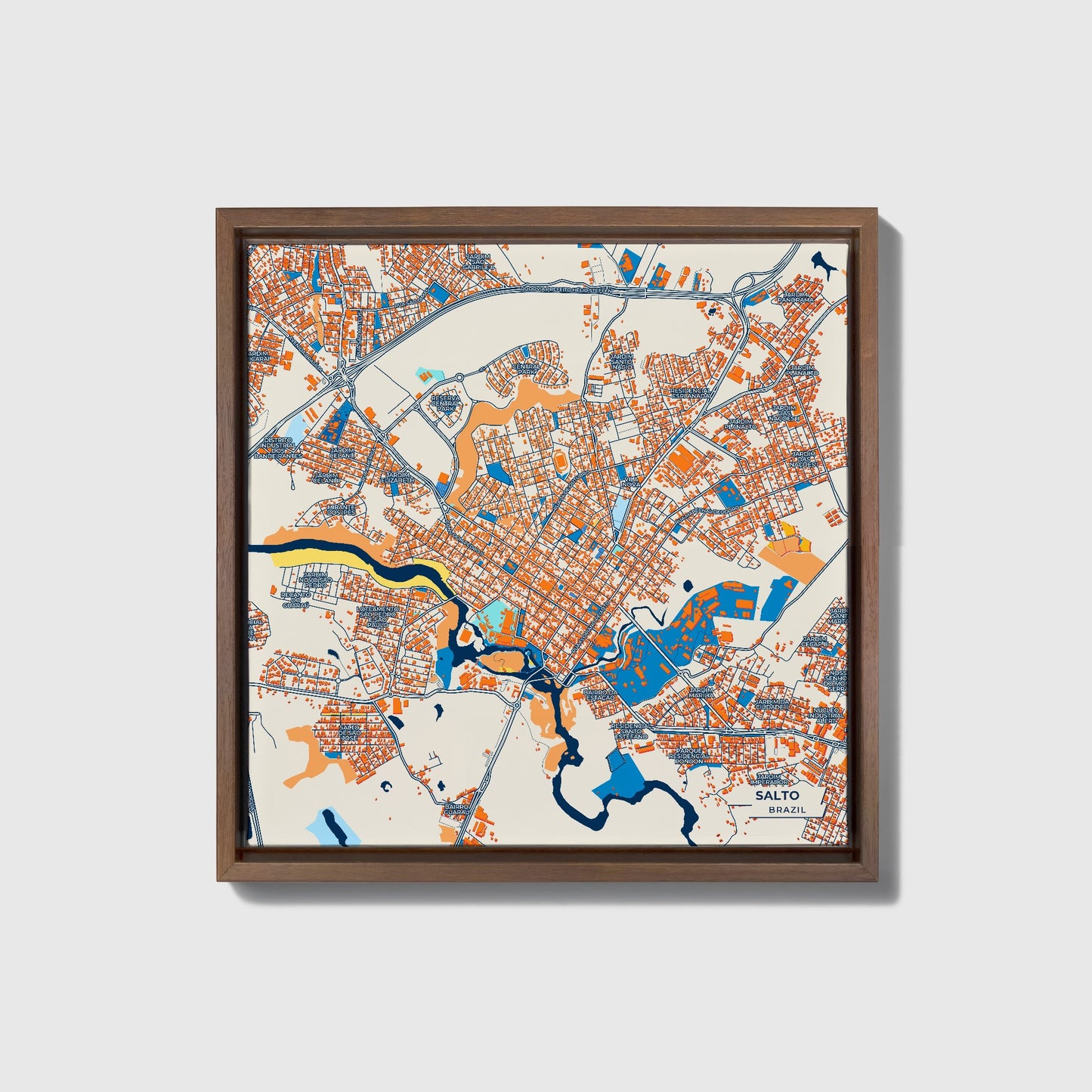 Salto Brazil Colorful City Map Canvas Print • Dark Wooden Framed