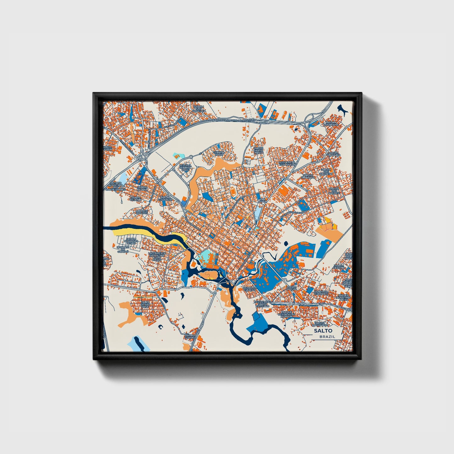 Salto Brazil Colorful City Map Canvas Print • Black Framed