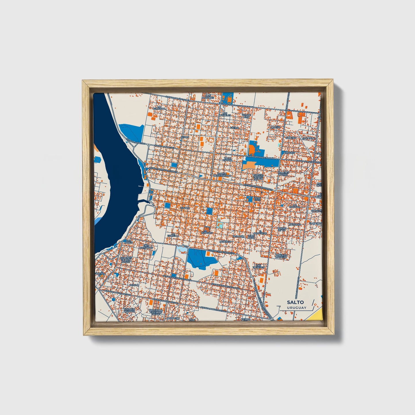 Salto Uruguay Colorful City Map Canvas Print • Natural Wooden Framed
