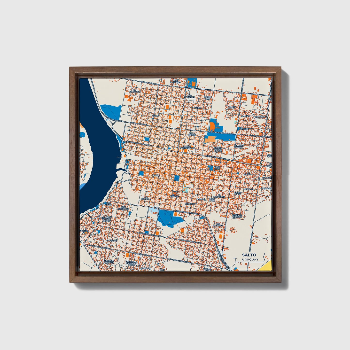 Salto Uruguay Colorful City Map Canvas Print • Dark Wooden Framed