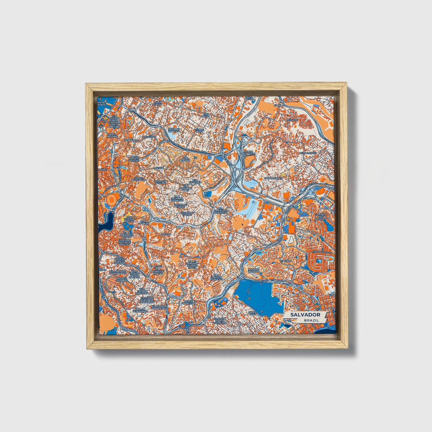 Salvador Brazil Colorful City Map Canvas Print • Natural Wooden Framed