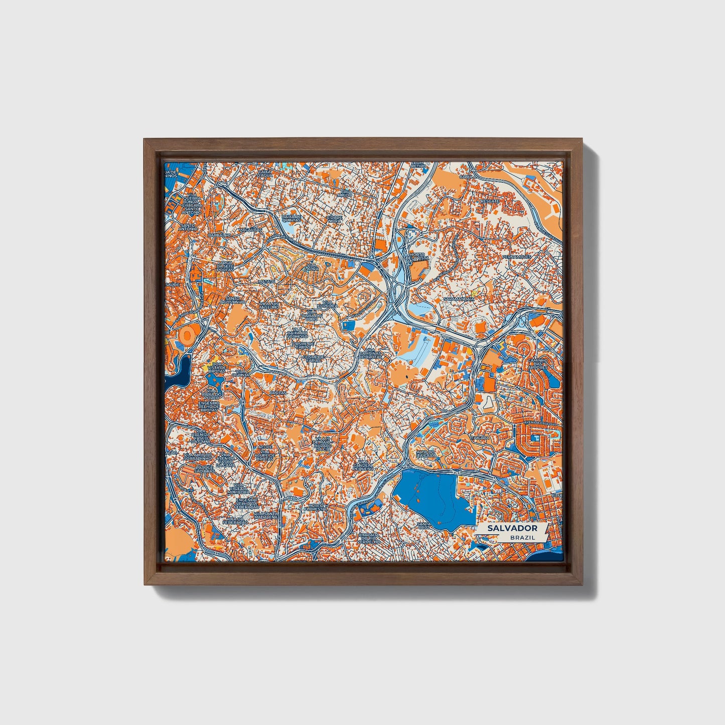 Salvador Brazil Colorful City Map Canvas Print • Dark Wooden Framed