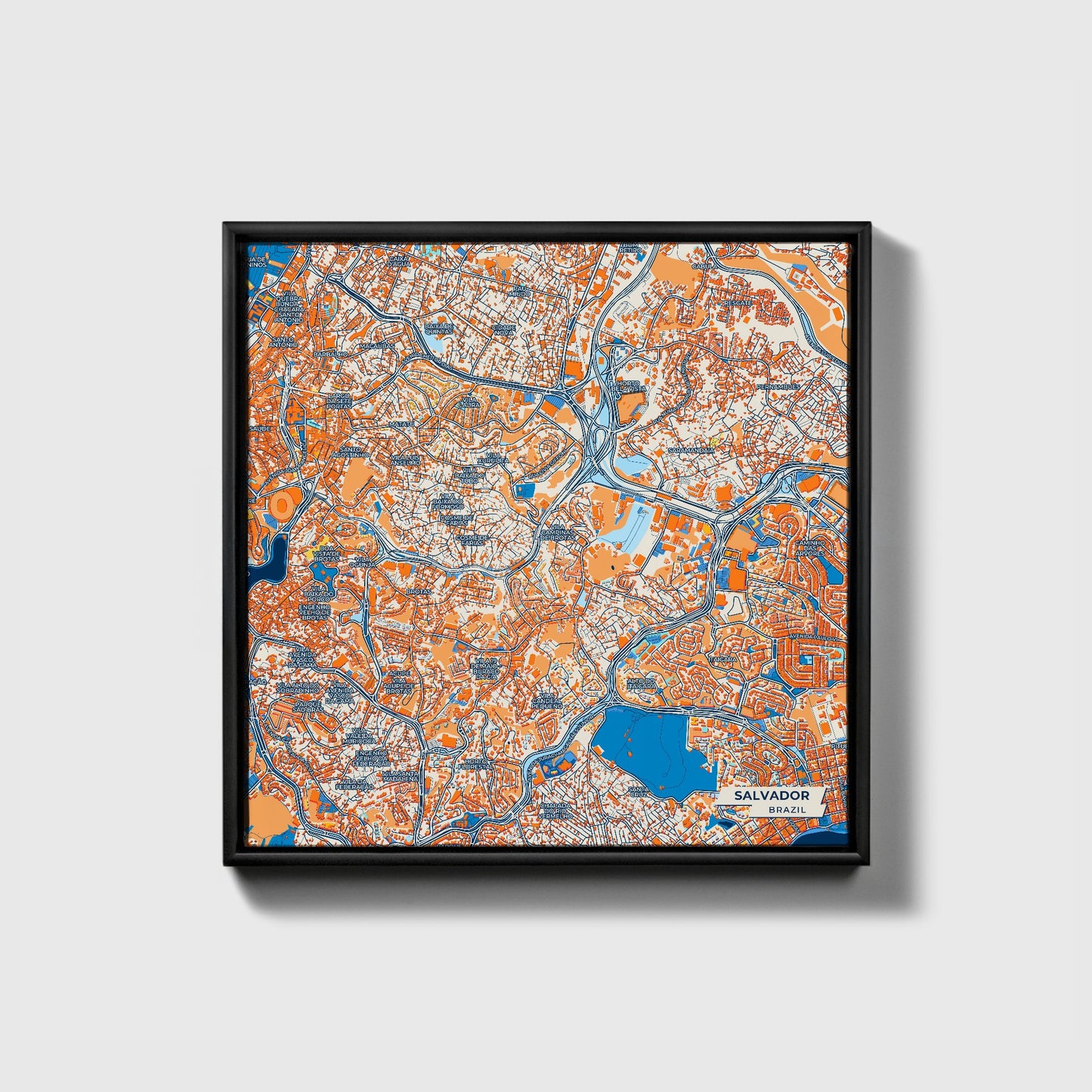 Salvador Brazil Colorful City Map Canvas Print • Black Framed