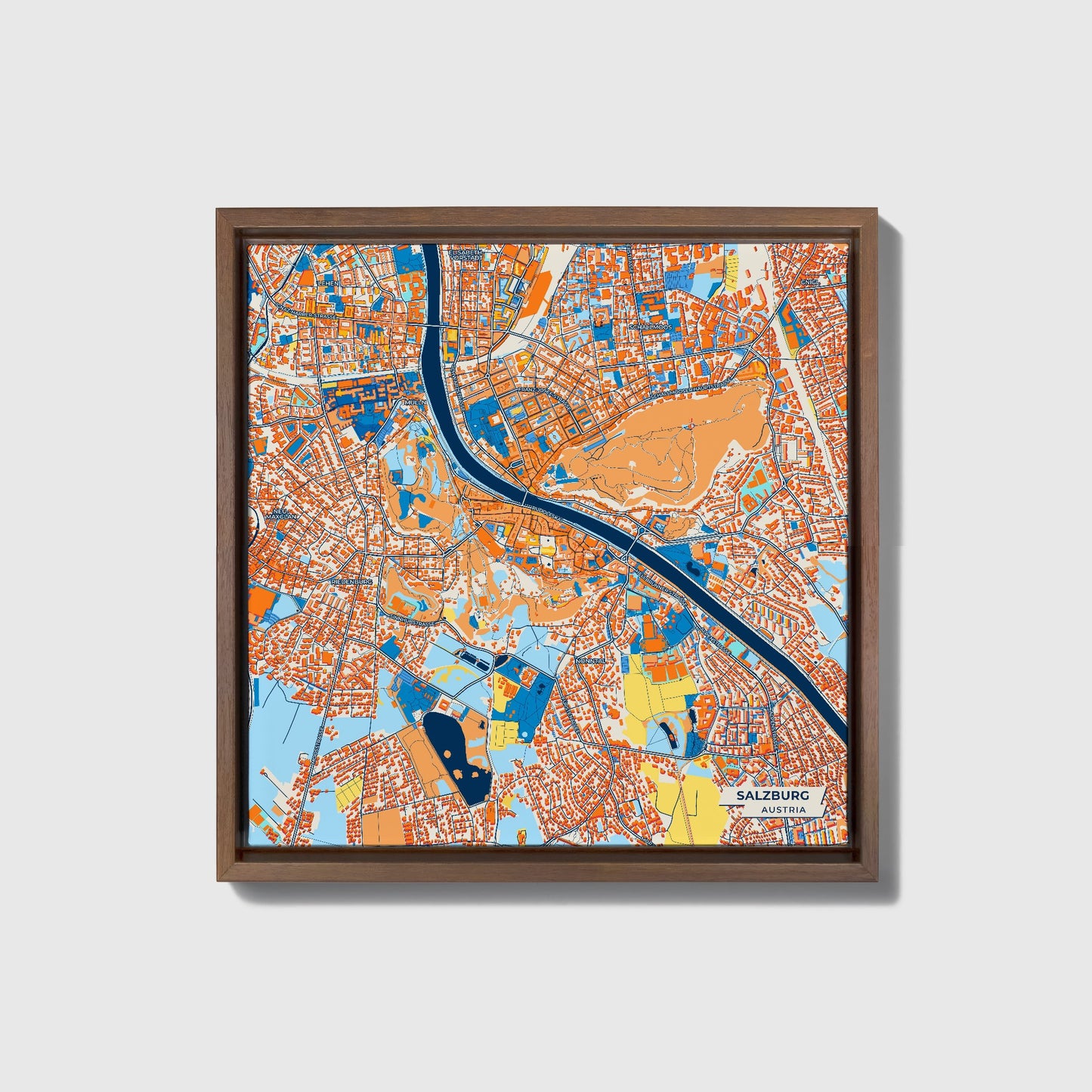 Salzburg Austria Colorful City Map Canvas Print • Dark Wooden Framed