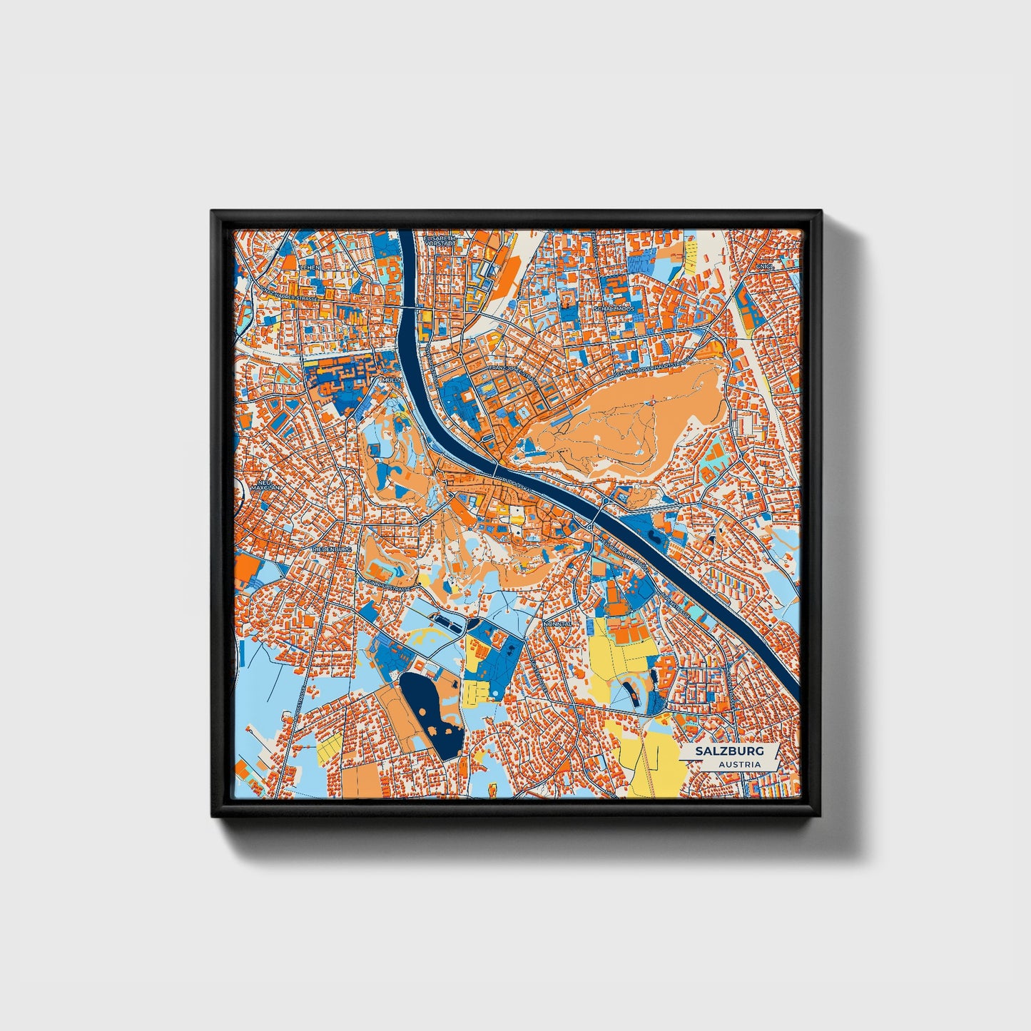 Salzburg Austria Colorful City Map Canvas Print • Black Framed